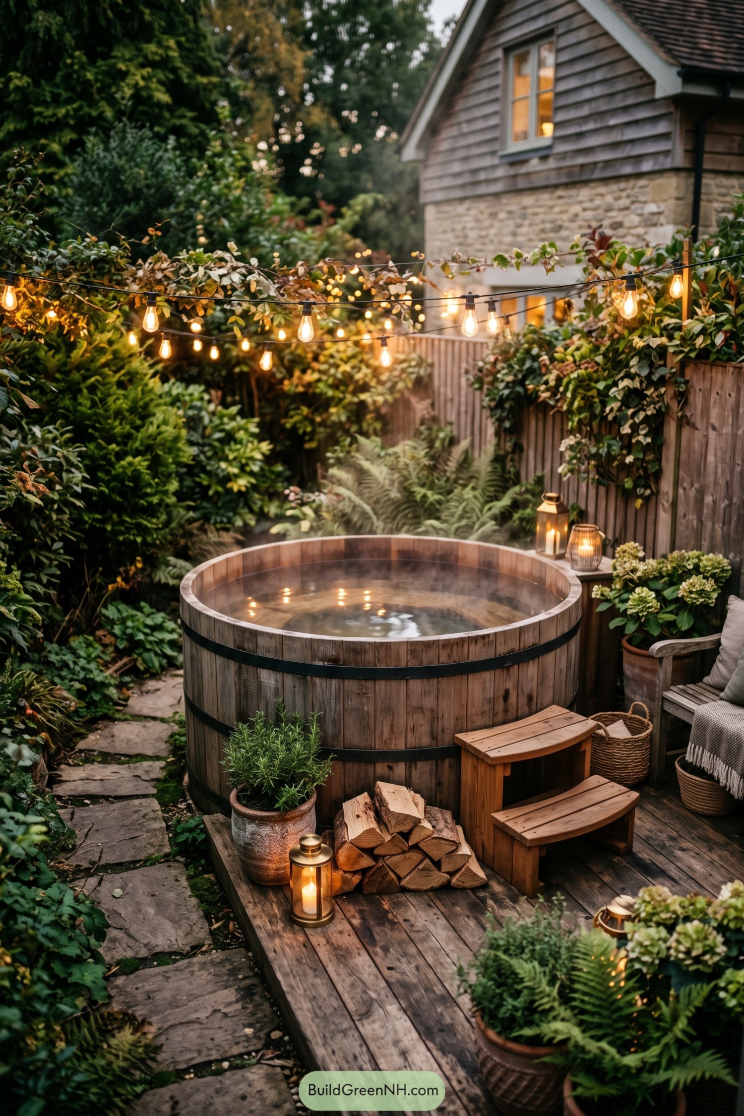 Wood-fired barrel tub tucked into a leafy cottage garden with string lights
