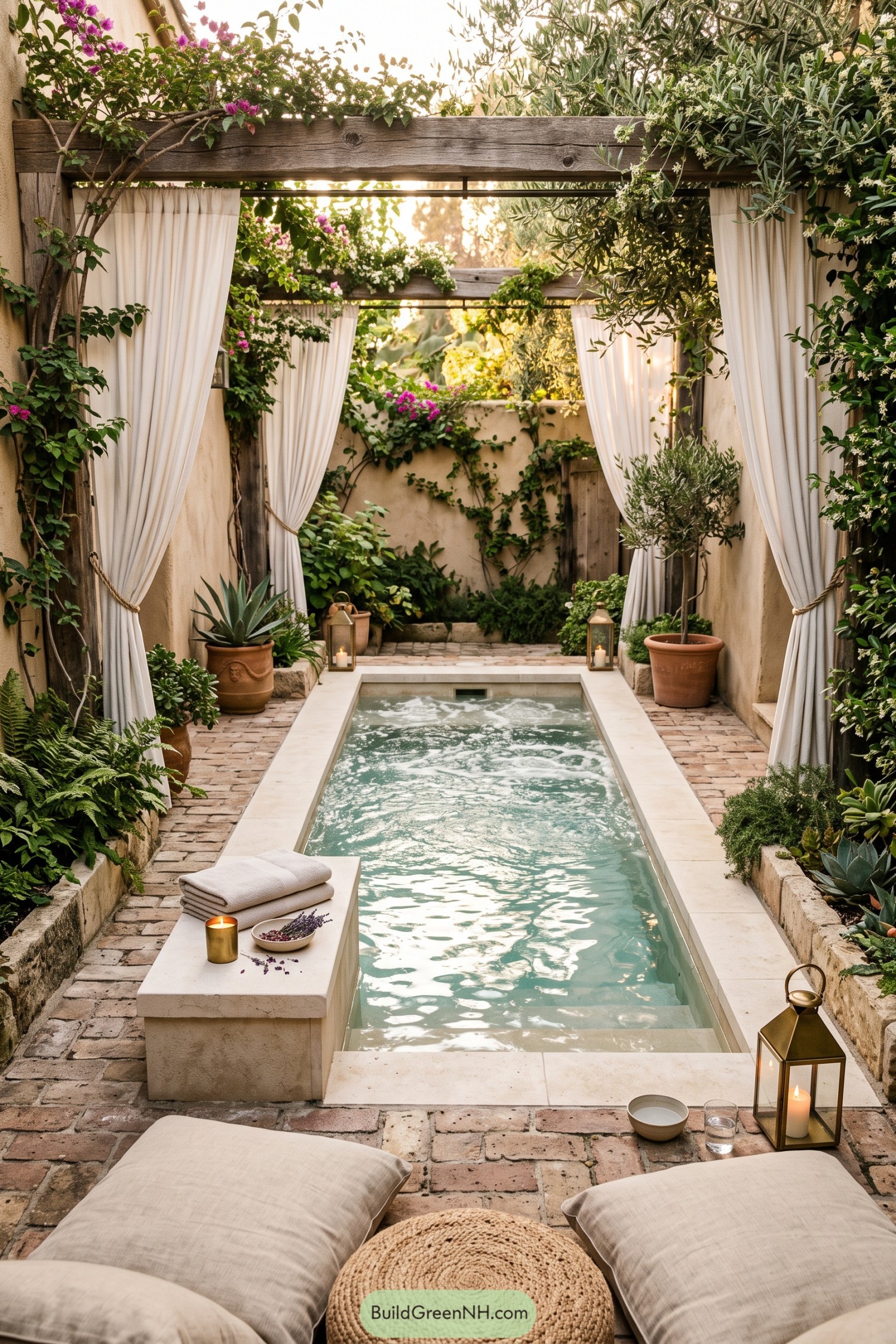 Narrow bubbling spa beneath a vine-covered pergola with curtains