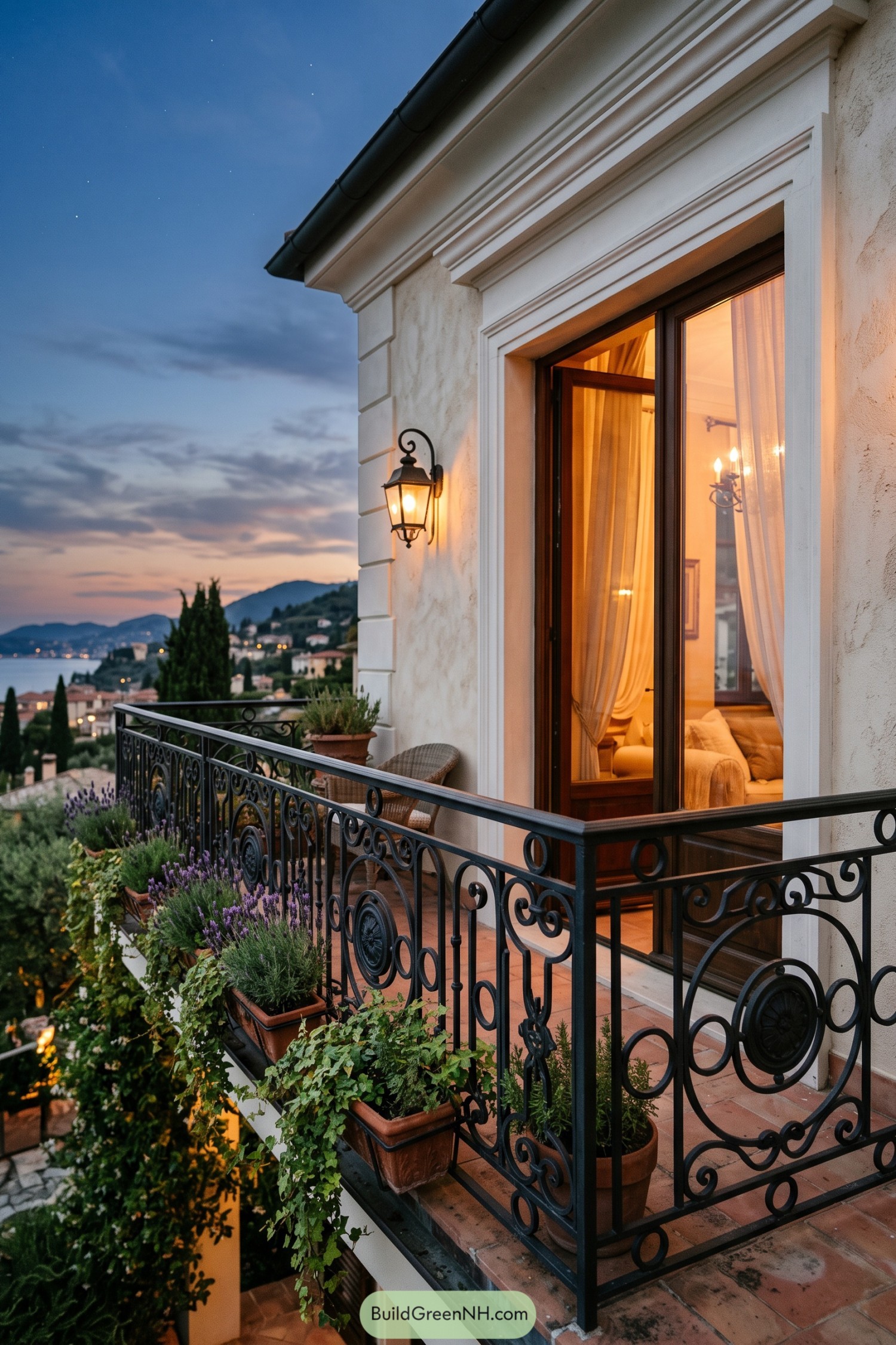 Black iron balcony railing with scrolls and round medallions