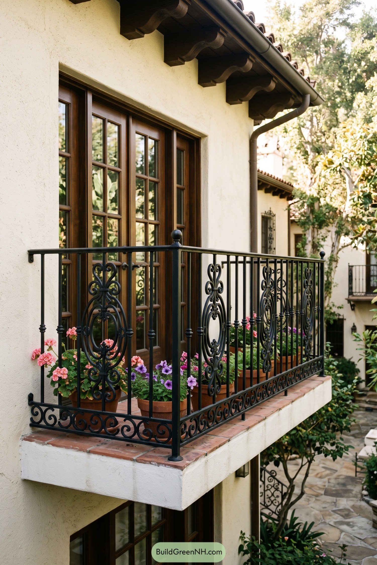 Black iron balcony railing with oval scrollwork panels
