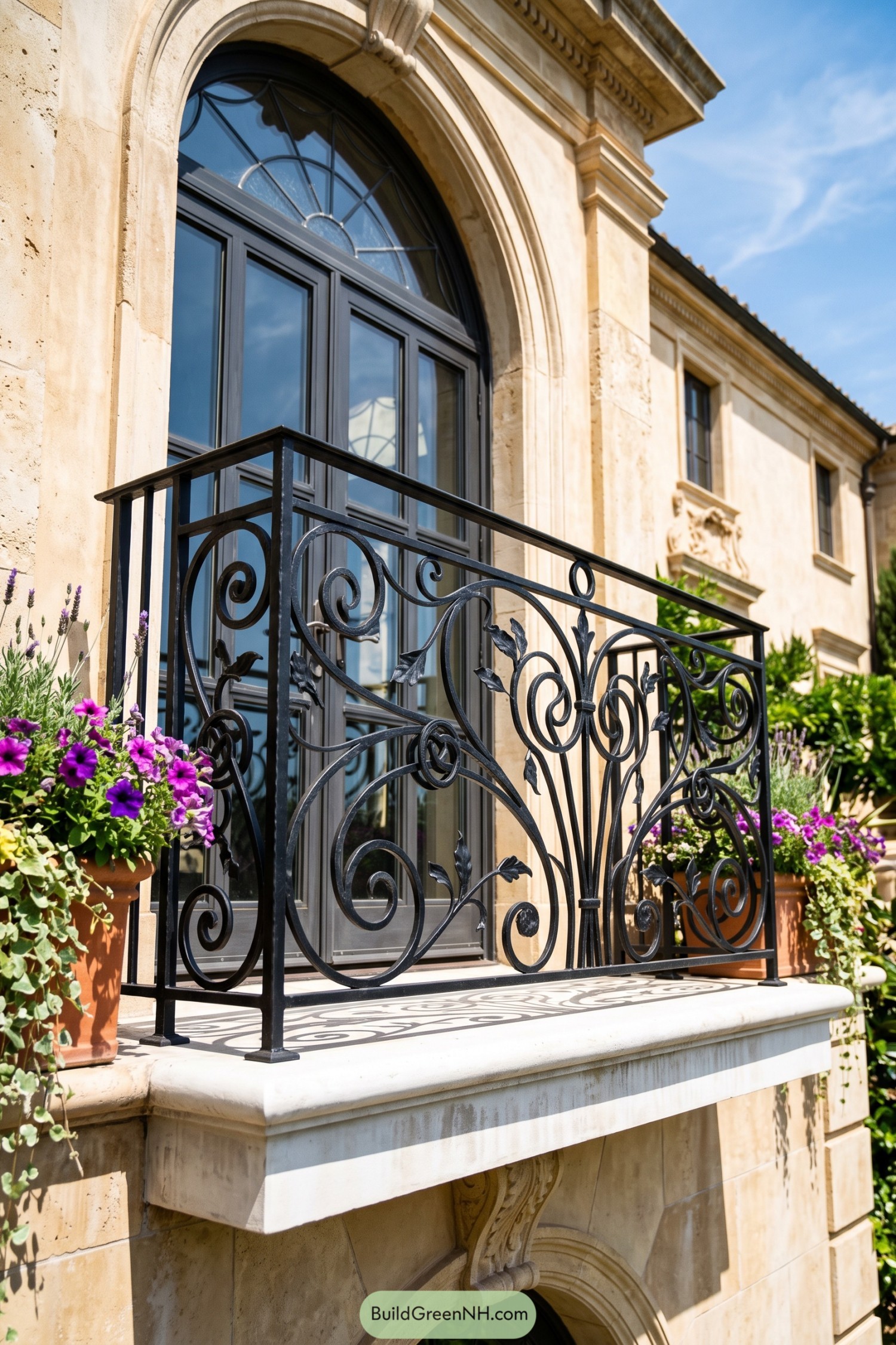 Black iron balcony railing with curling vines and leaves