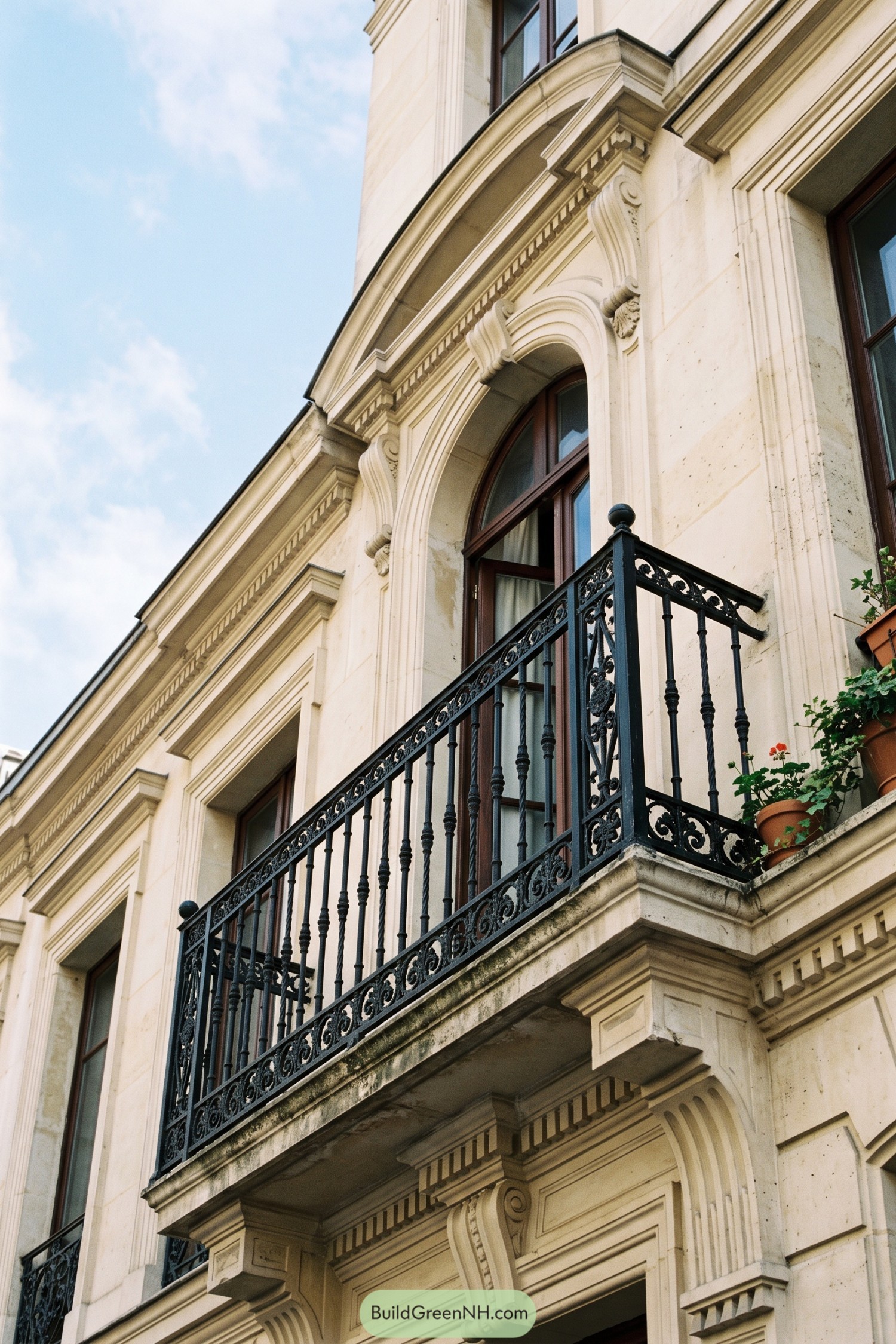 Black iron balcony railing with ornate scroll panels and turned balusters