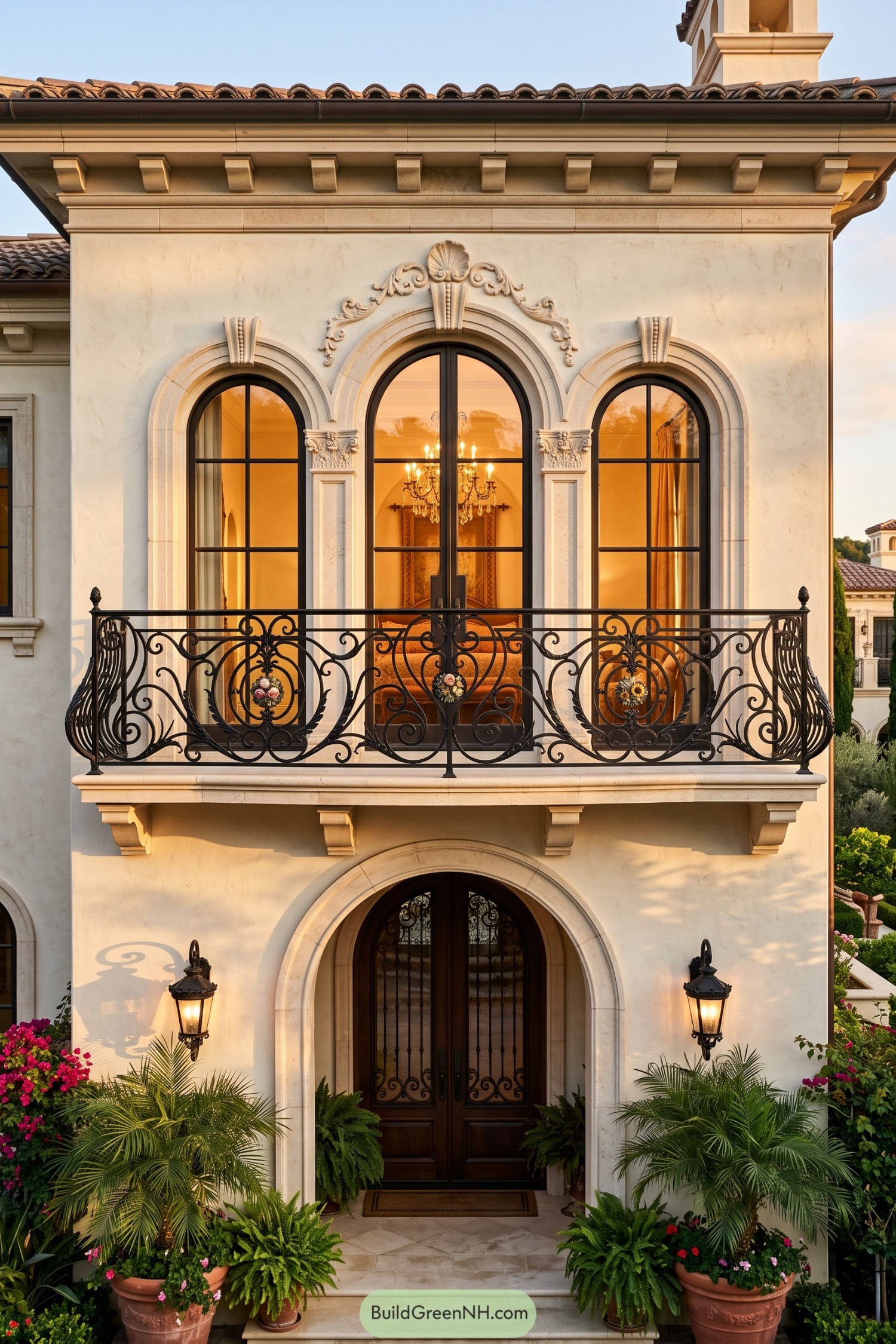 Black iron balcony railing with oval scrollwork panels and floral cartouches