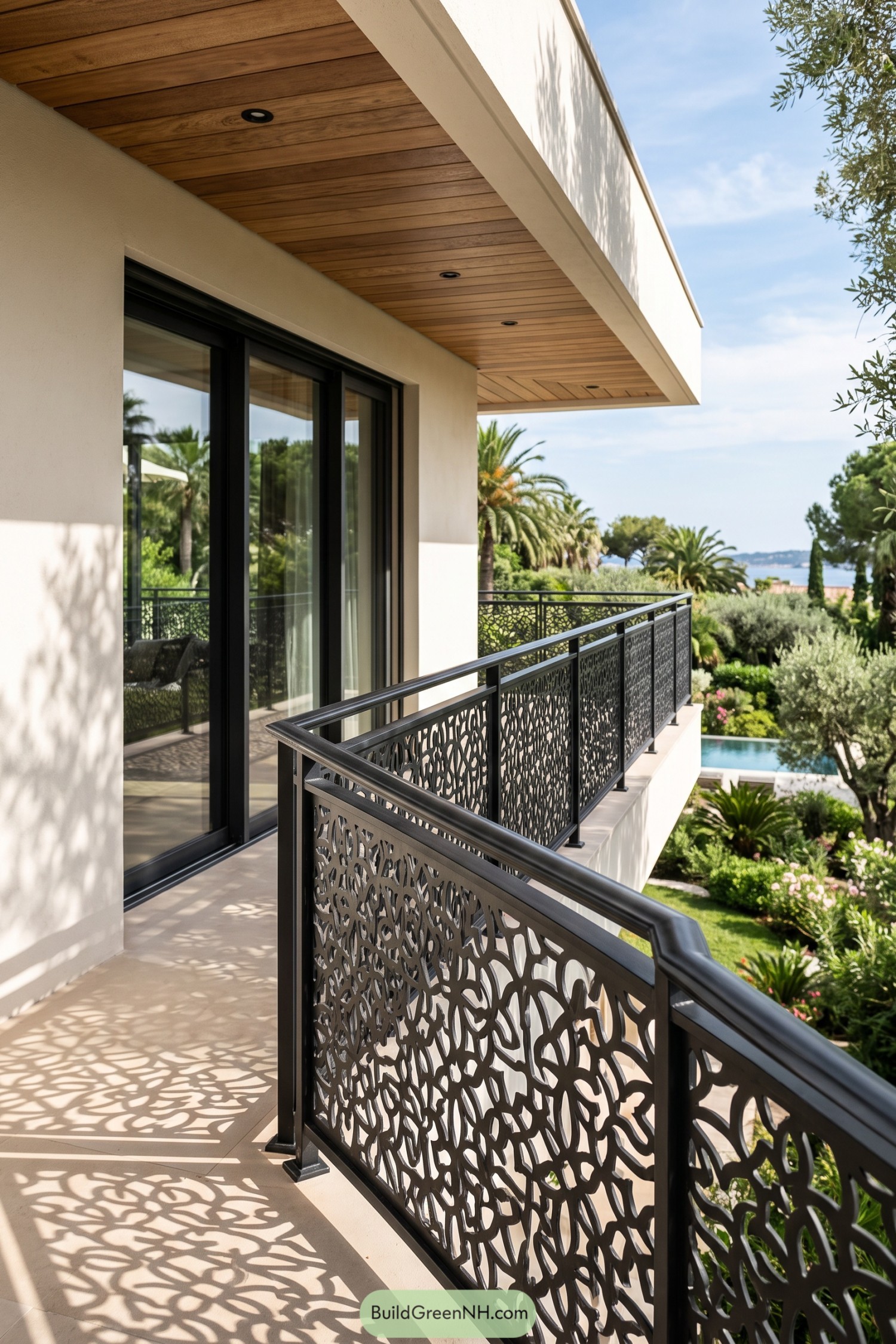 Black metal balcony railing with abstract coral-like cutout panels