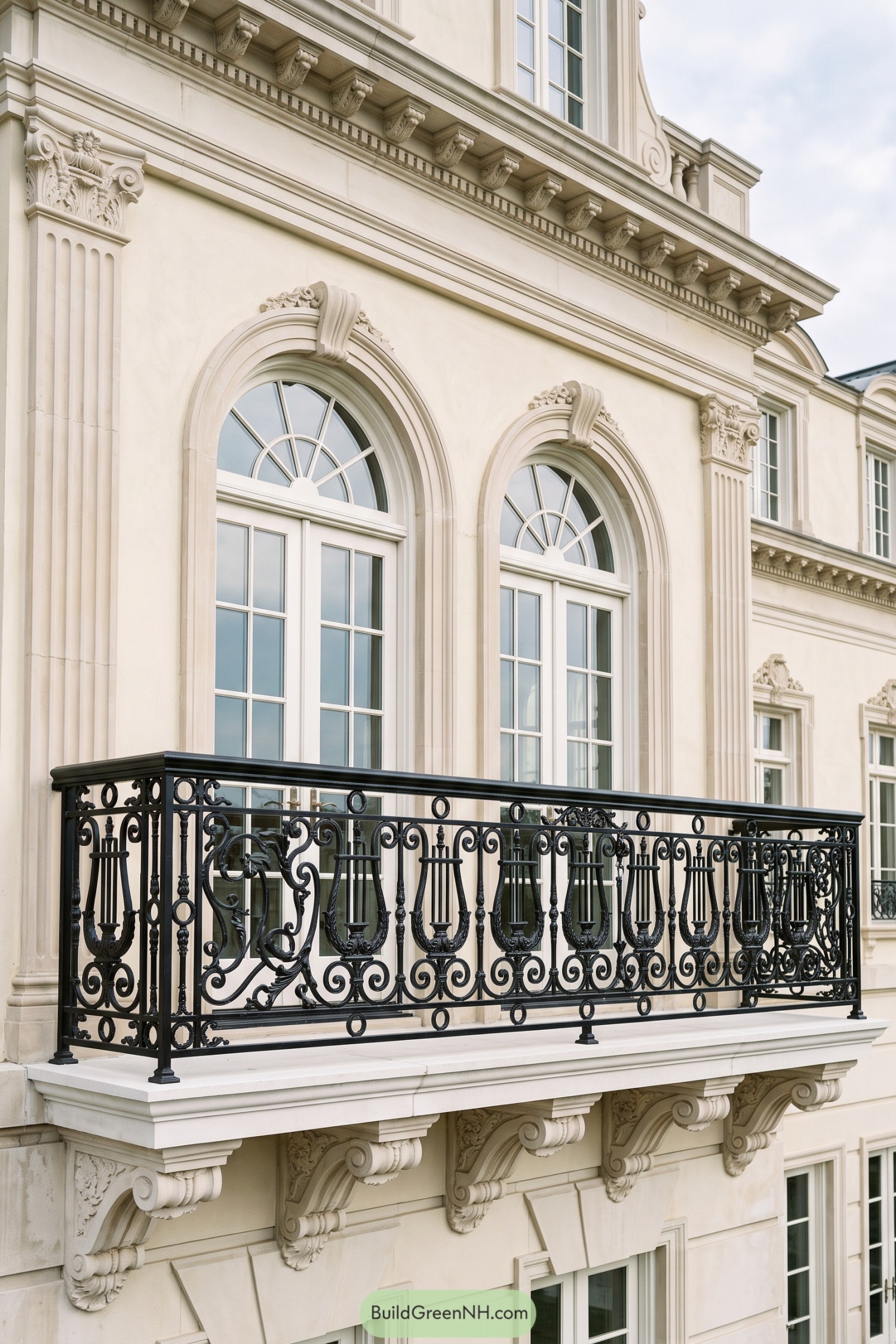 Black iron balcony railing with lyre motifs and scrollwork