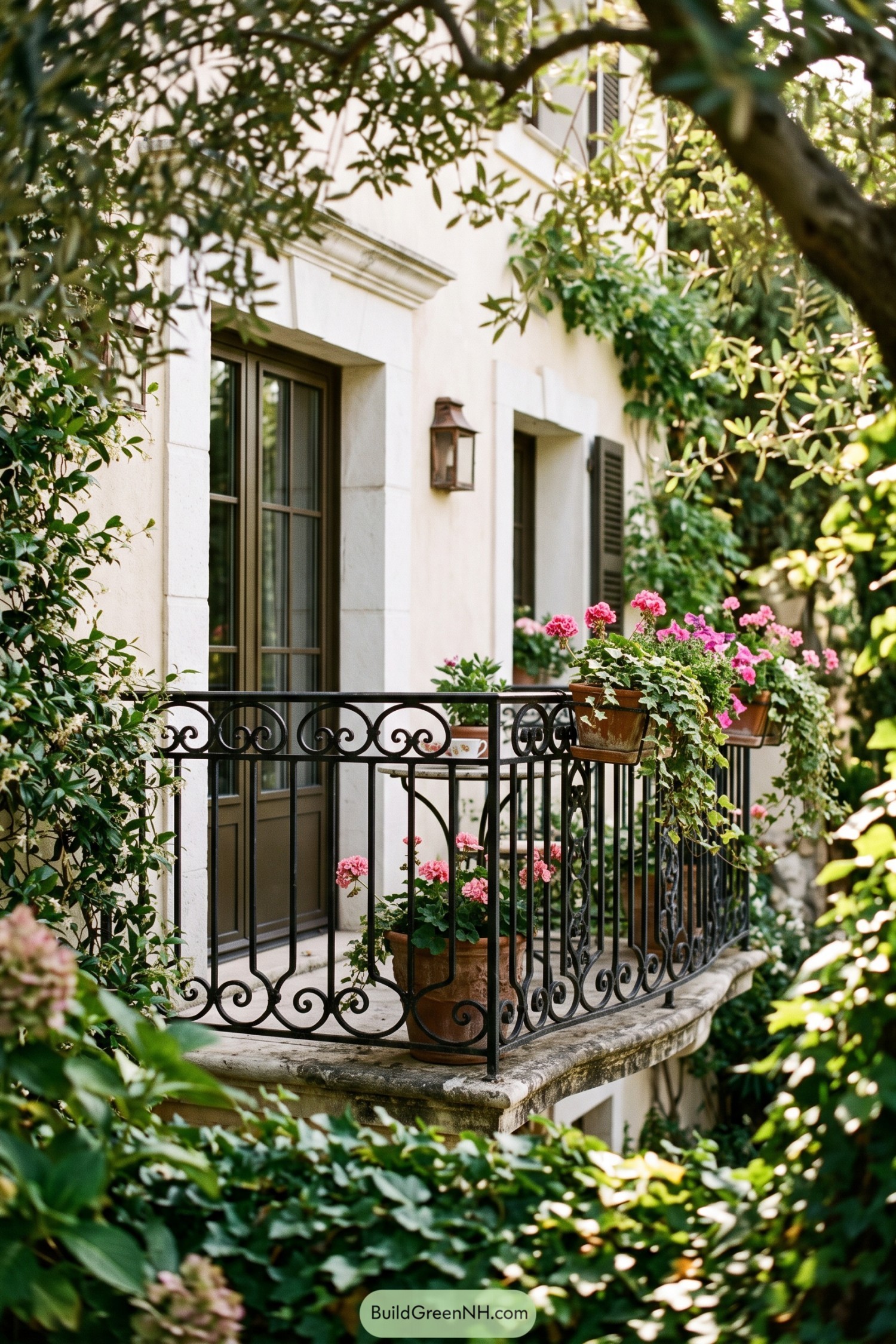 Black iron balcony railing with scroll motifs and flower boxes