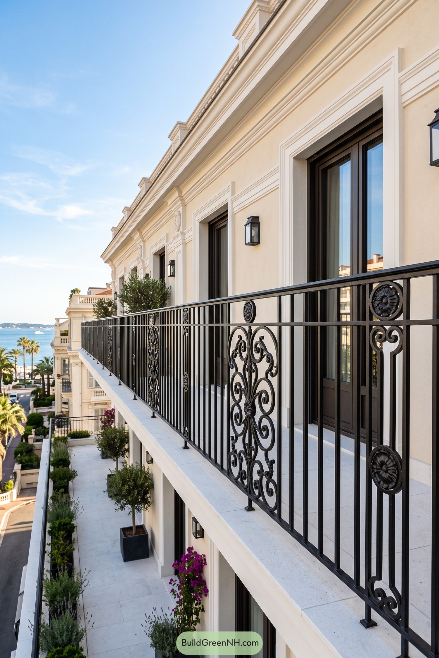 Black iron balcony railing with ornate palmette medallions and scrollwork panels