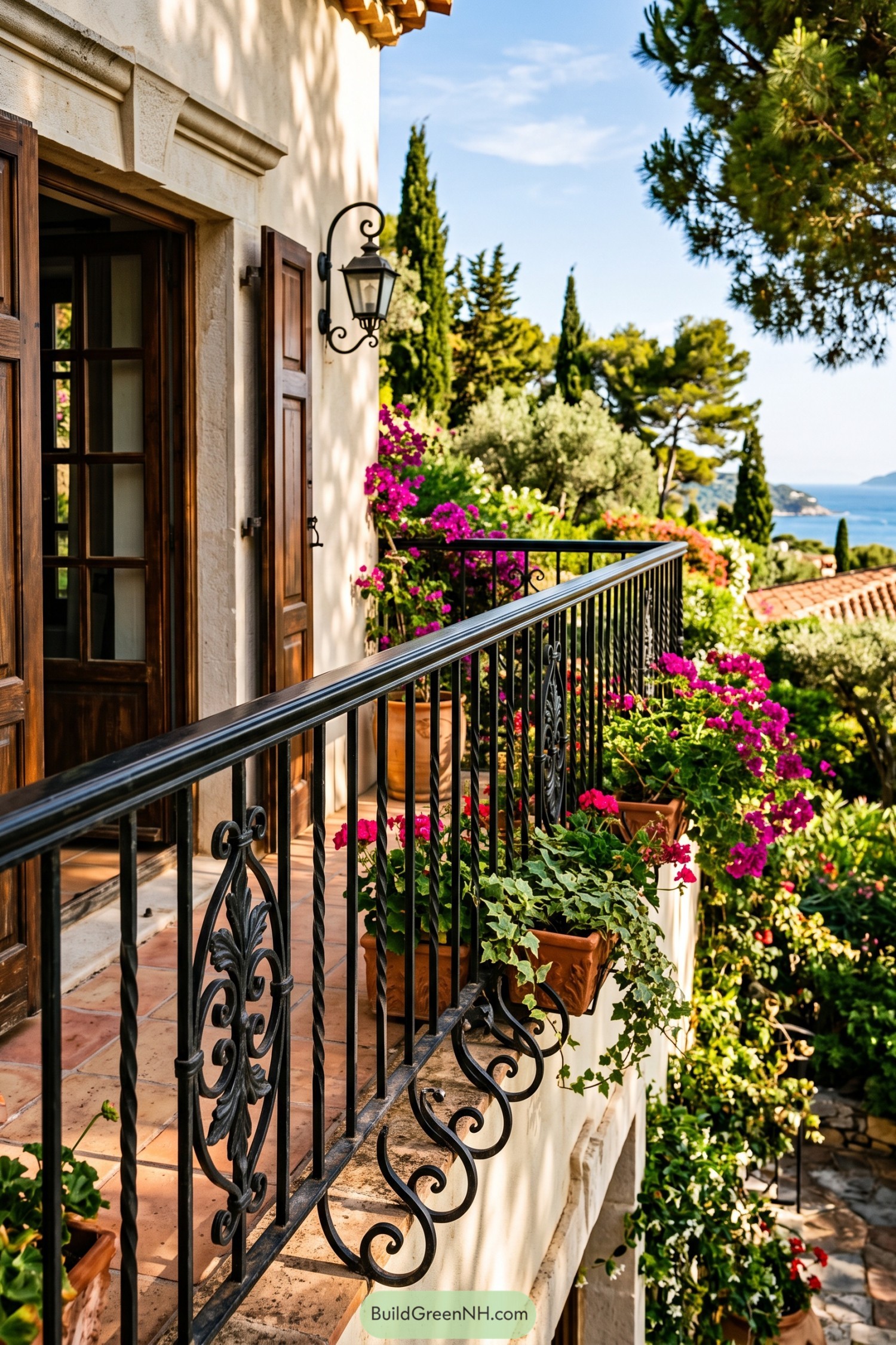 Black iron balcony railing with twisted balusters and leafy scrollwork