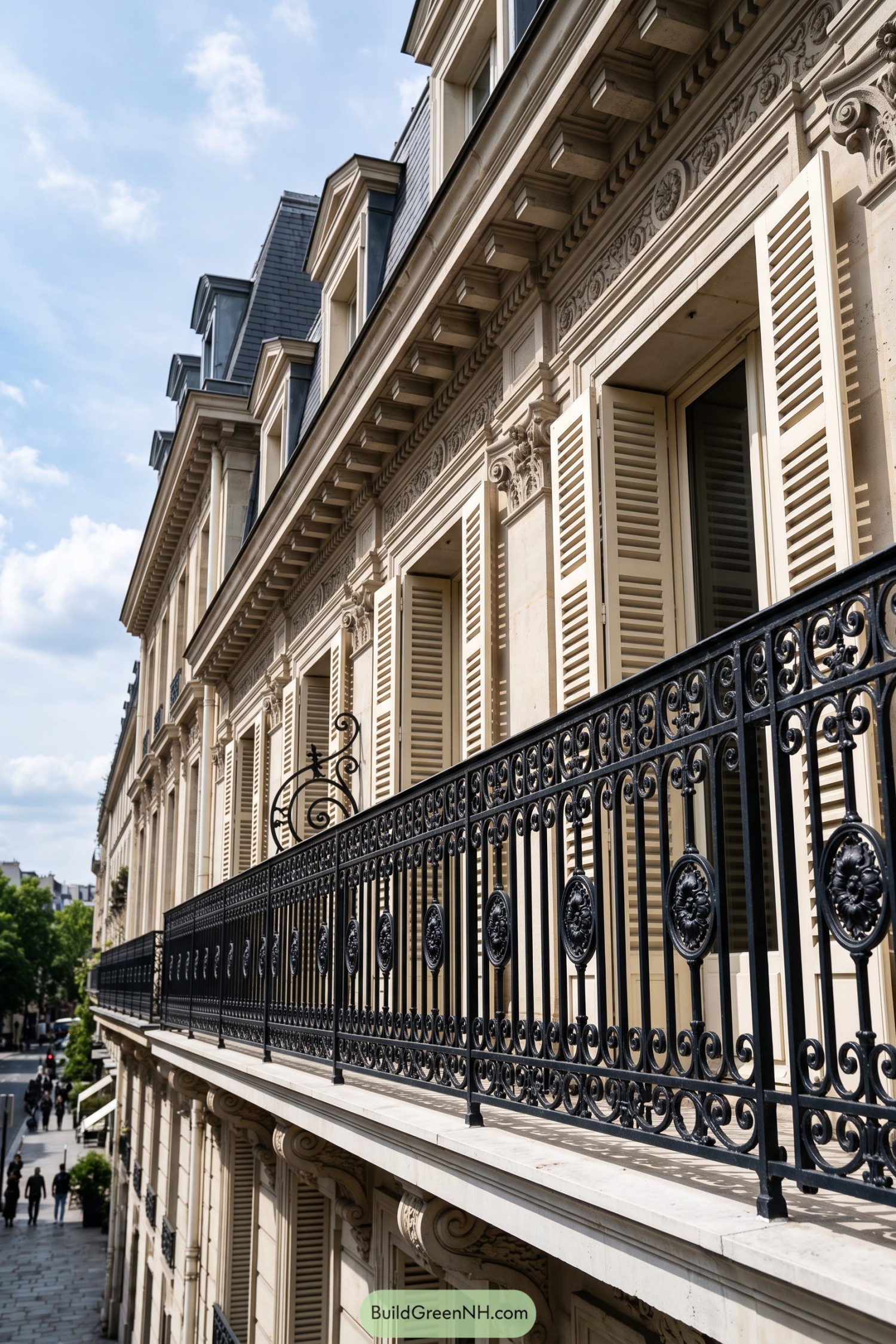 Black iron railing with scrolls and floral medallions