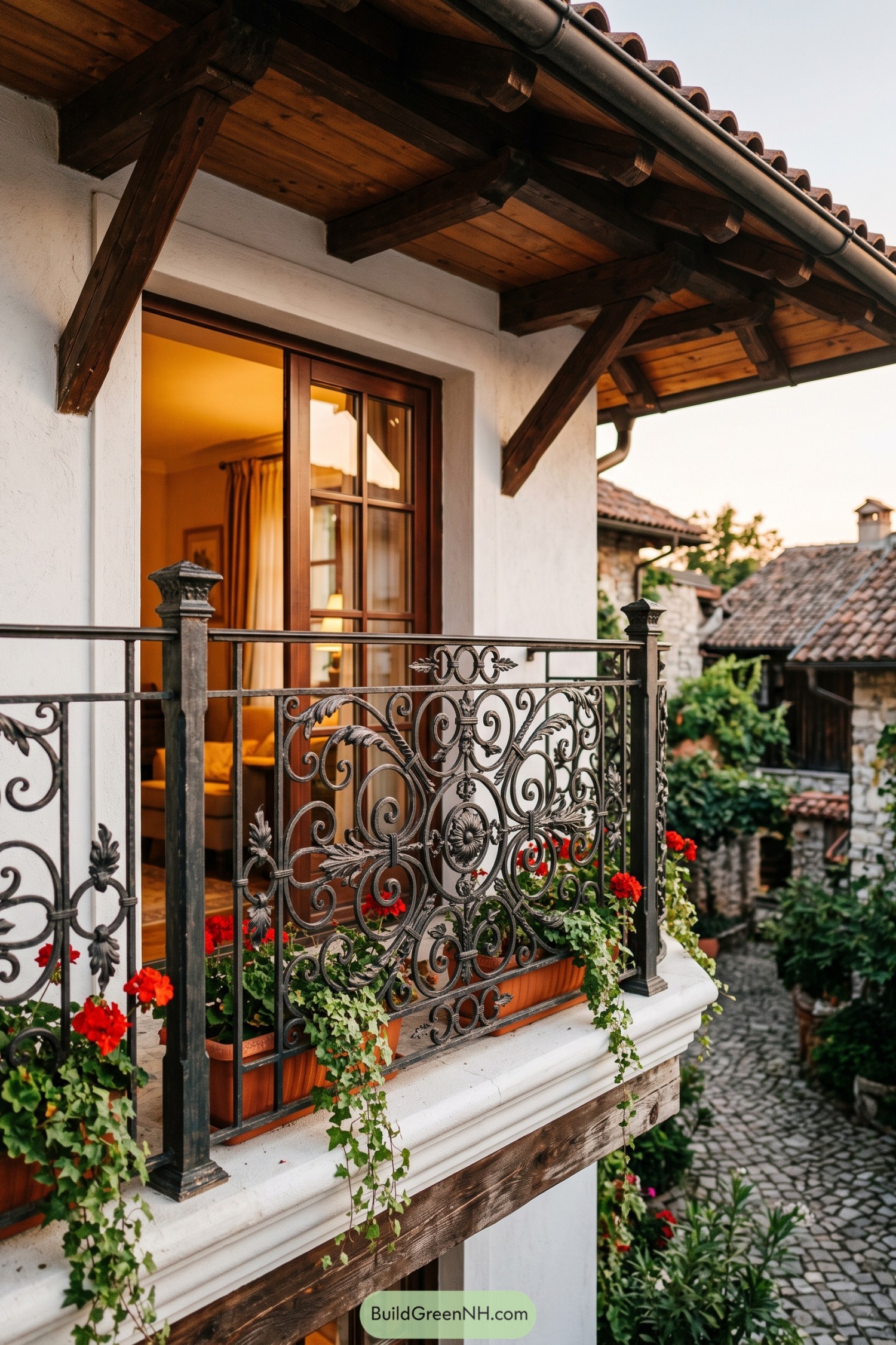 Ornate black iron balcony railing with floral scrollwork