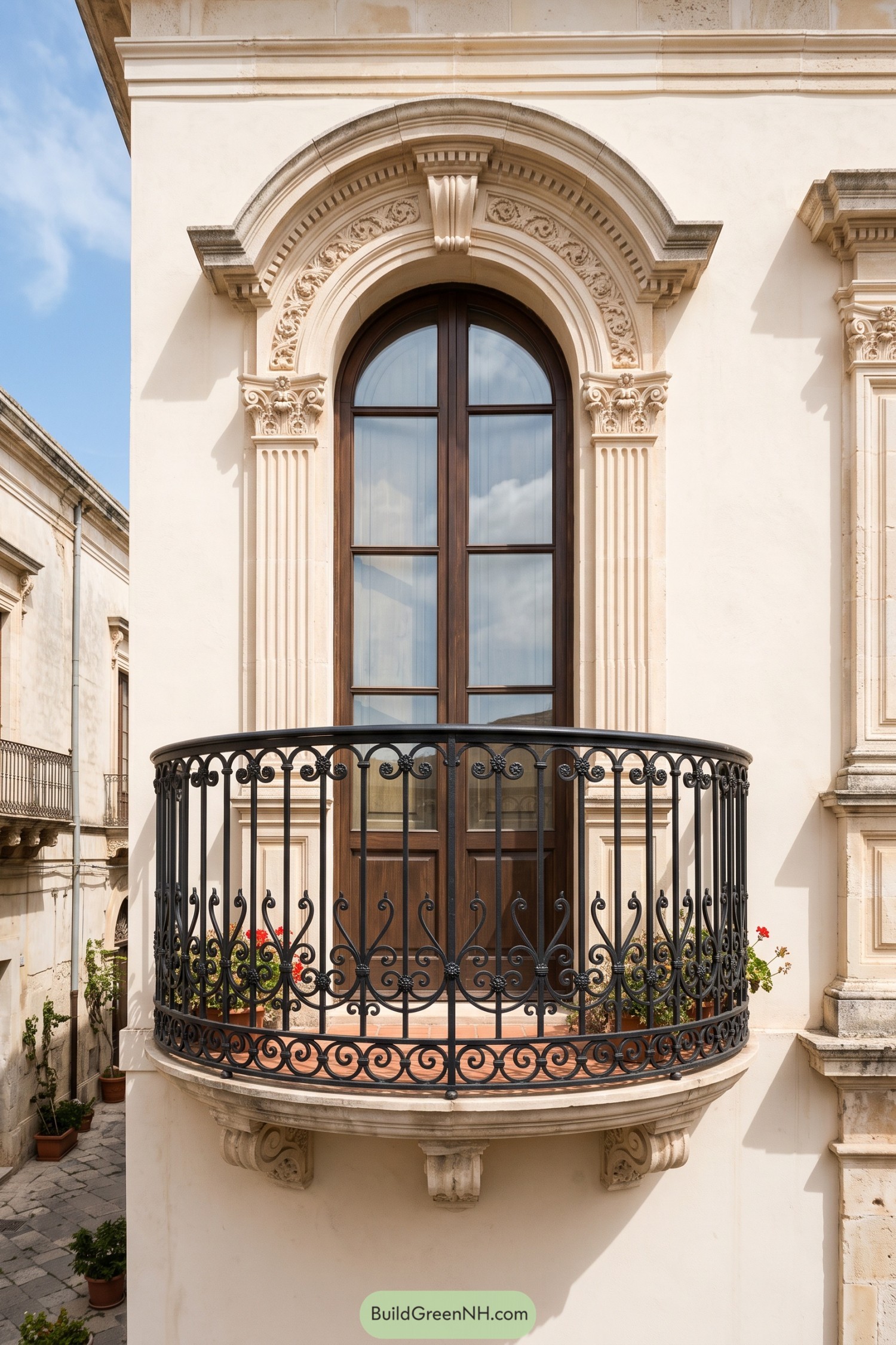 Curved black iron balcony with floral scrollwork