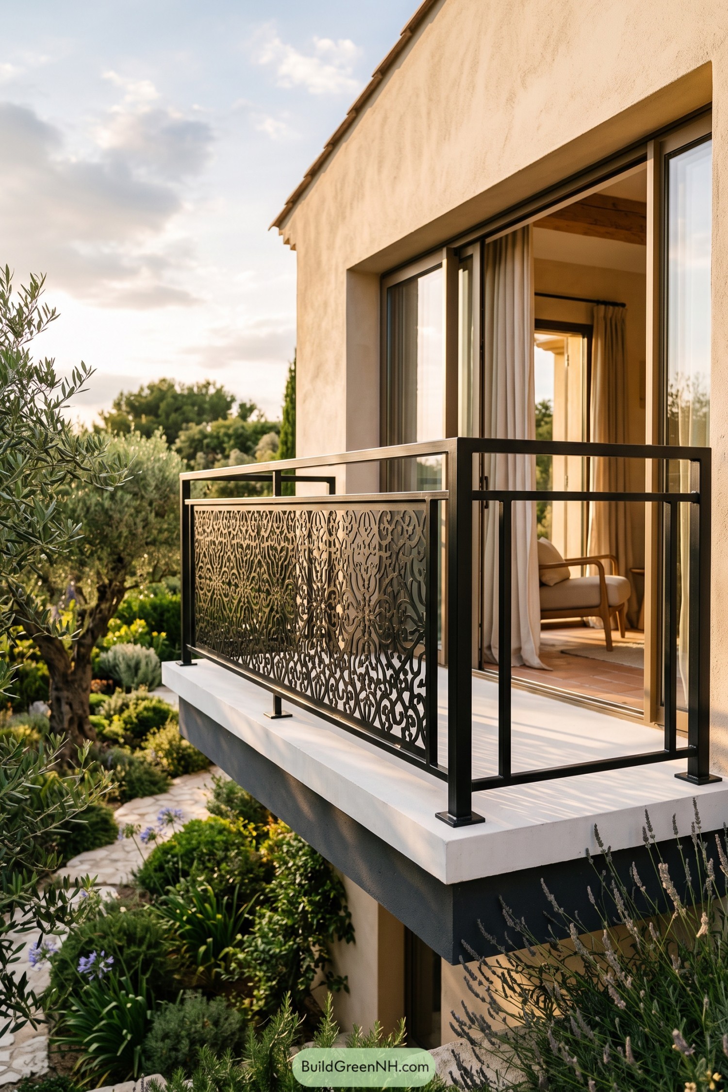 Black metal balcony railing with intricate floral privacy screen