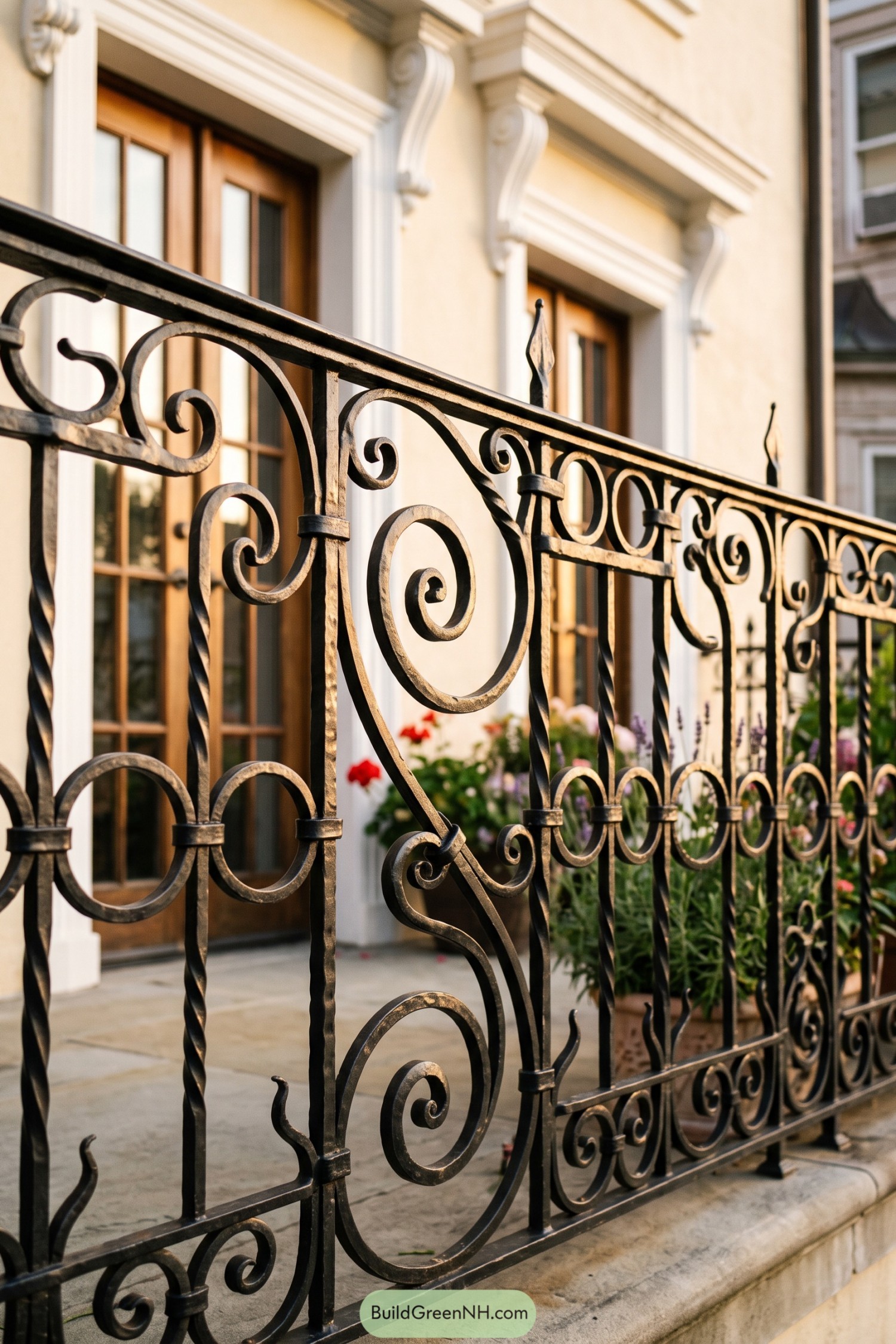 Black wrought iron railing with twisted balusters and spiral scrolls