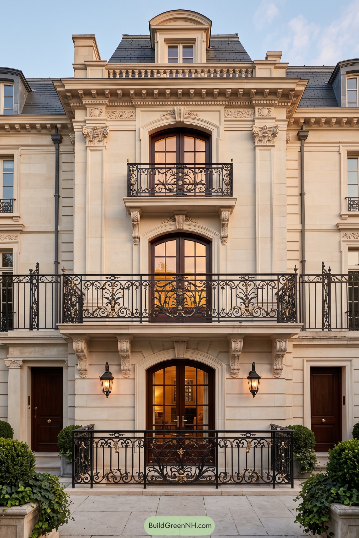 Black iron balcony railing with gold acanthus details