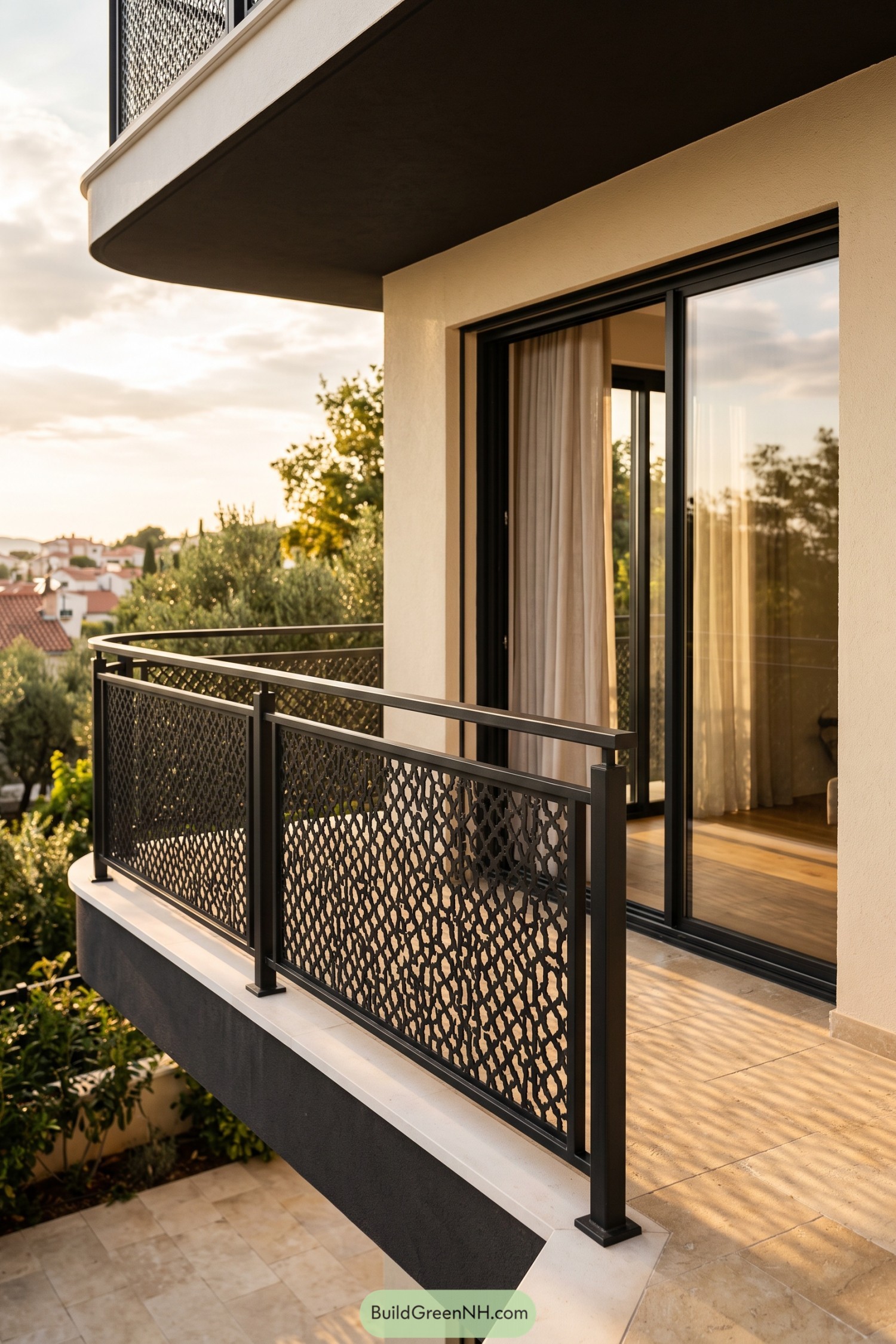 Black metal balcony railing with geometric mesh panels