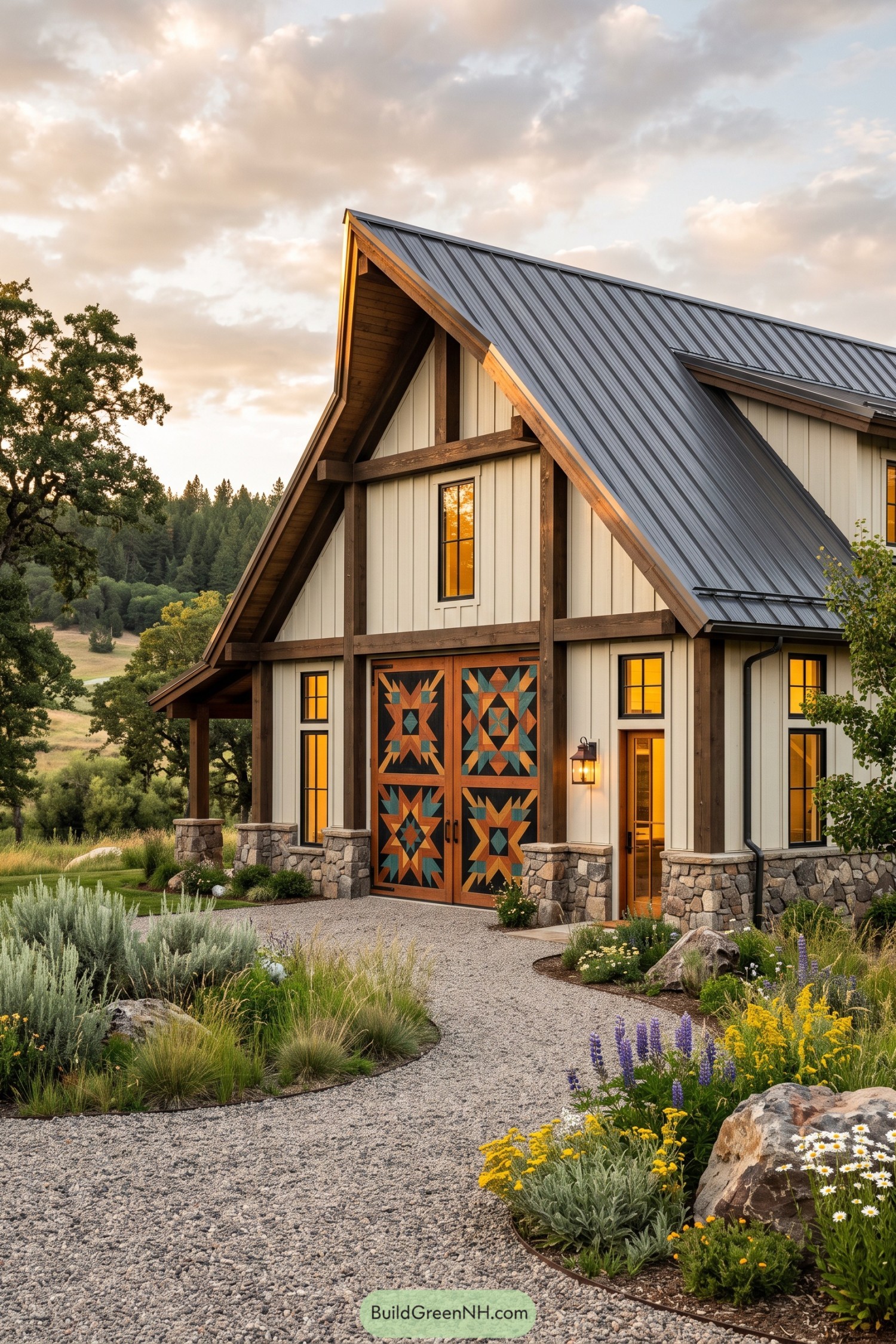 Tall gabled barndominium with patterned barn doors and stone base