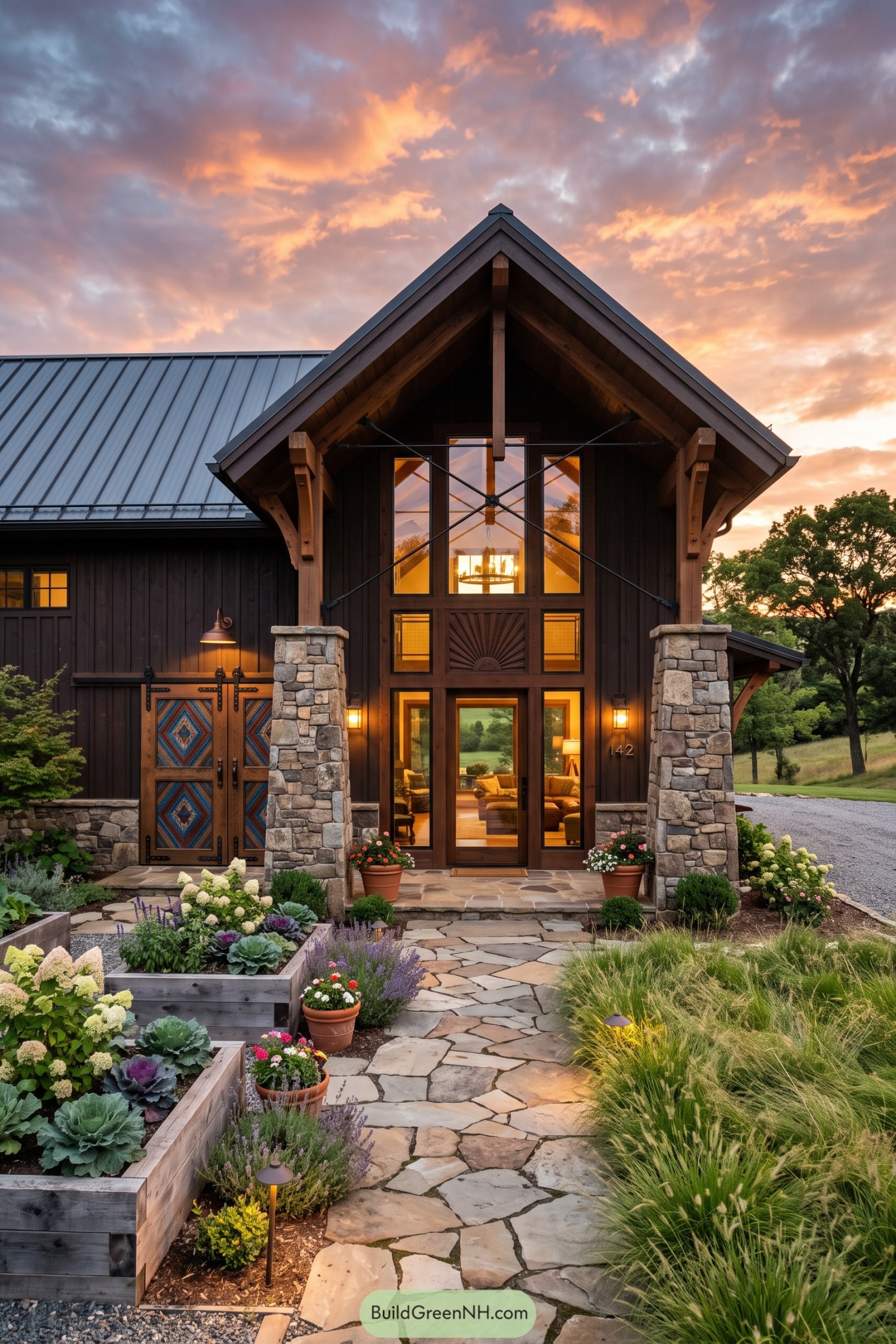 Dark timber barndominium with stone pillars and a garden path