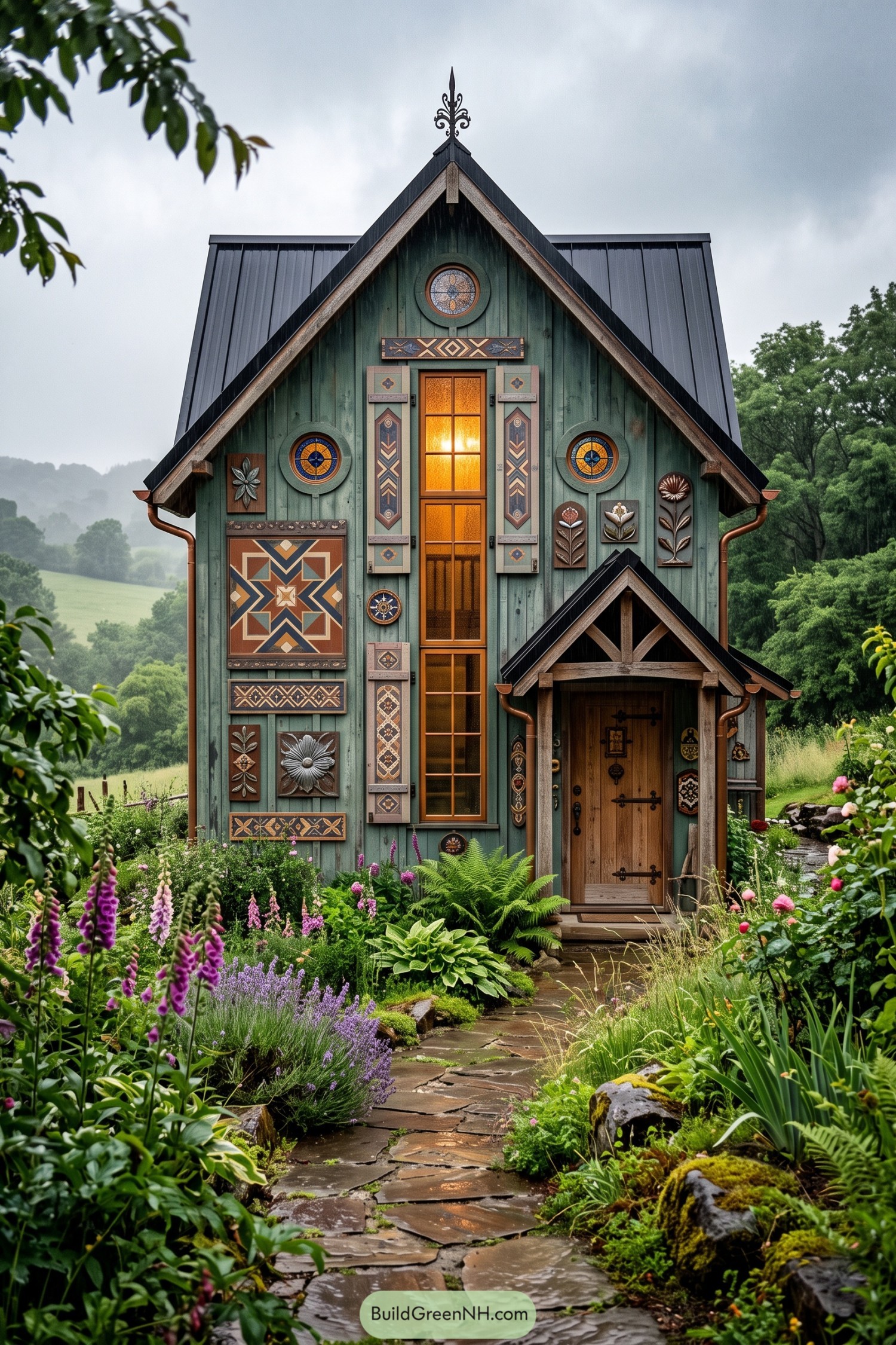 Green folk-art barndominium with patterned panels and a garden entry
