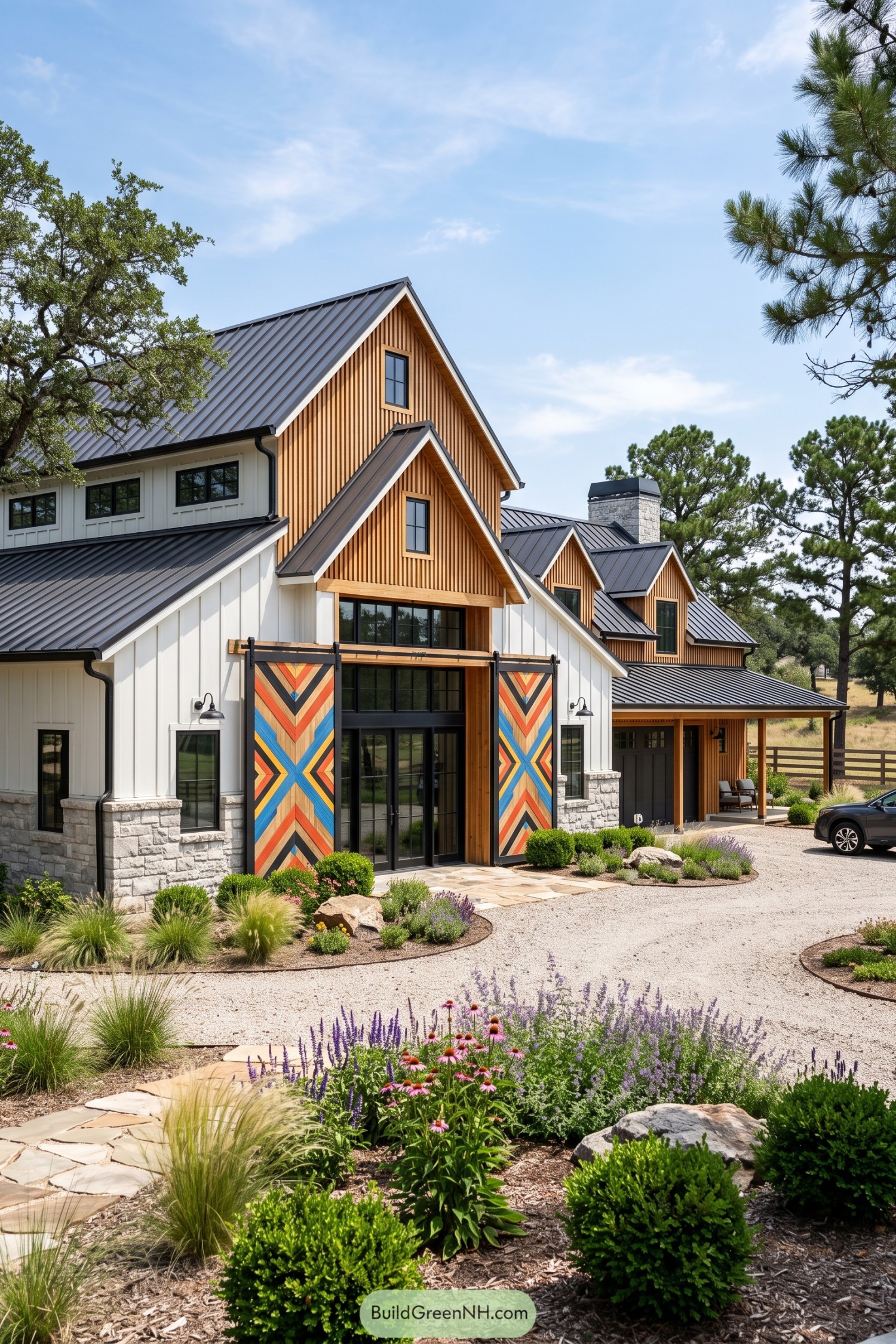 Modern barndominium with colorful chevron sliding doors and cedar gables
