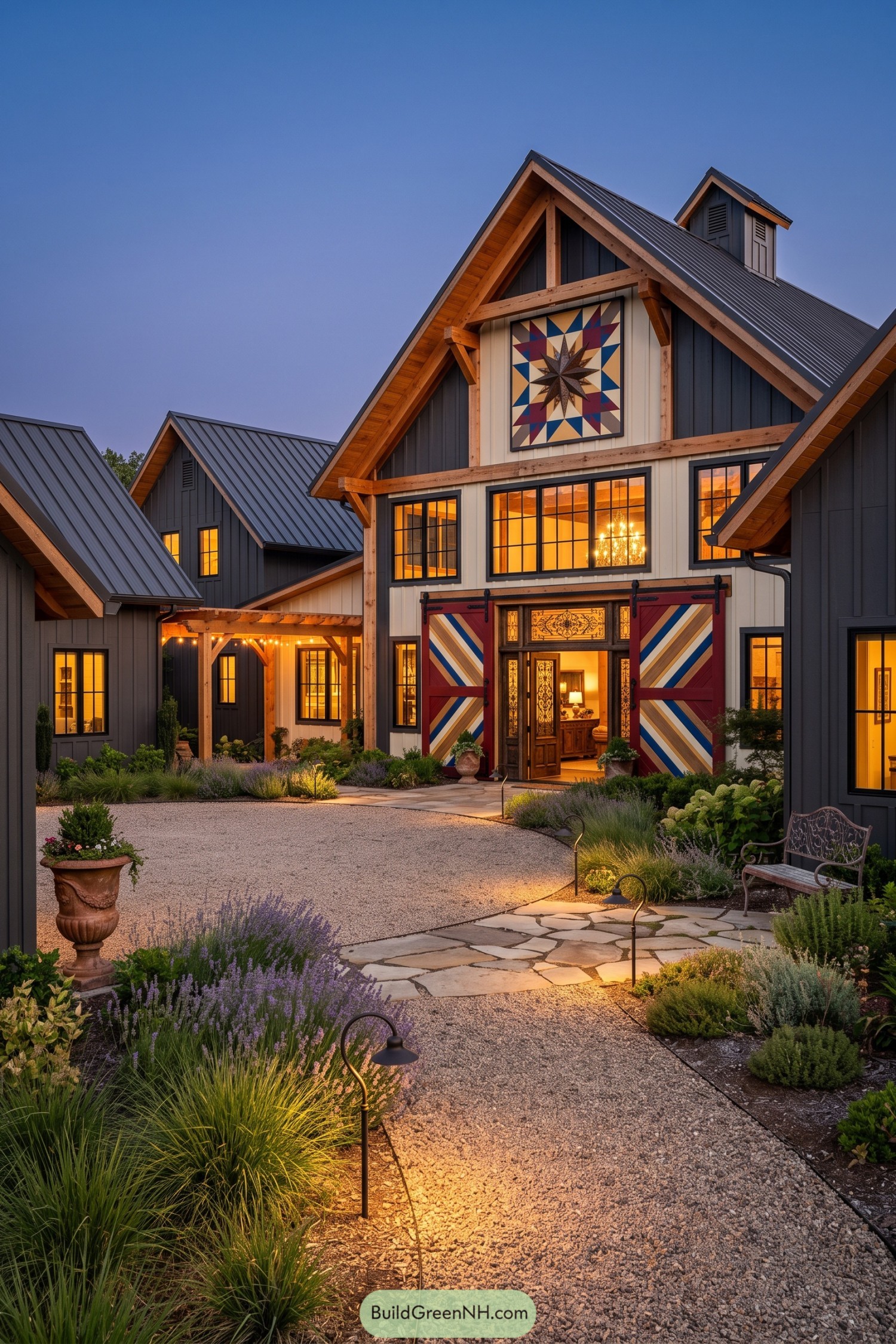 Dark gabled barndominium with colorful barn doors and a star quilt panel