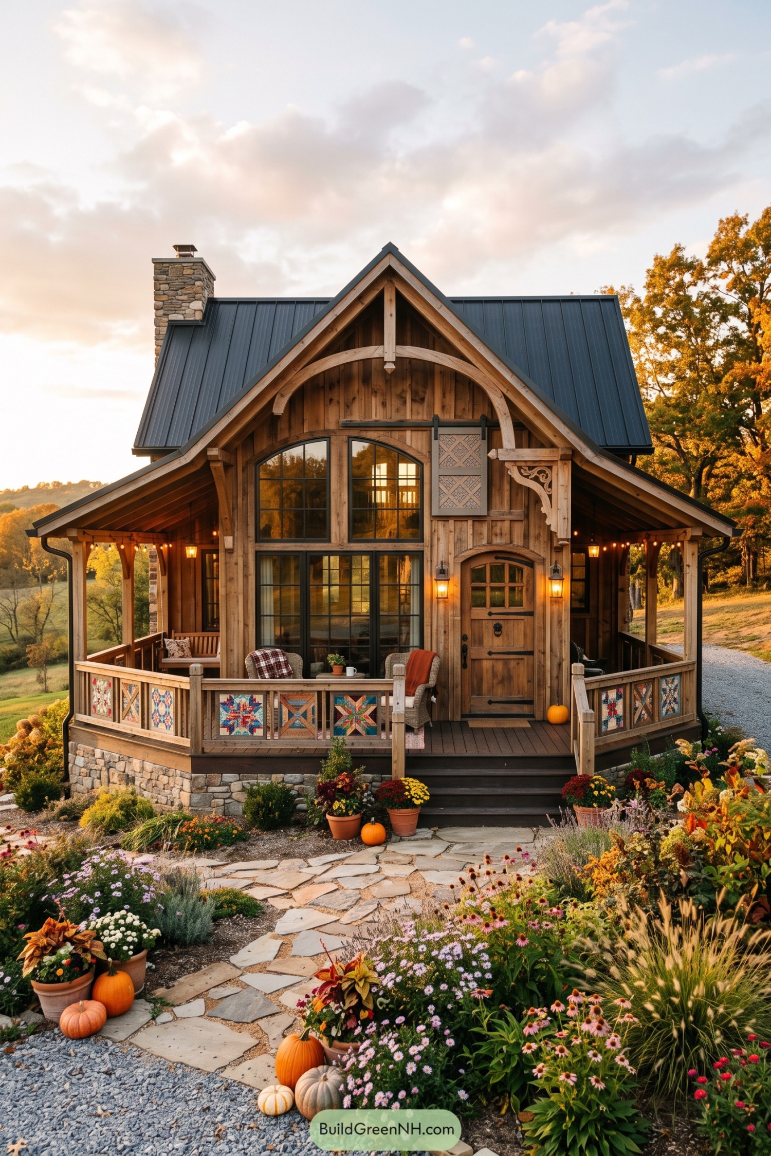Wood barndominium with curved gable beams quilted porch panels and flower garden