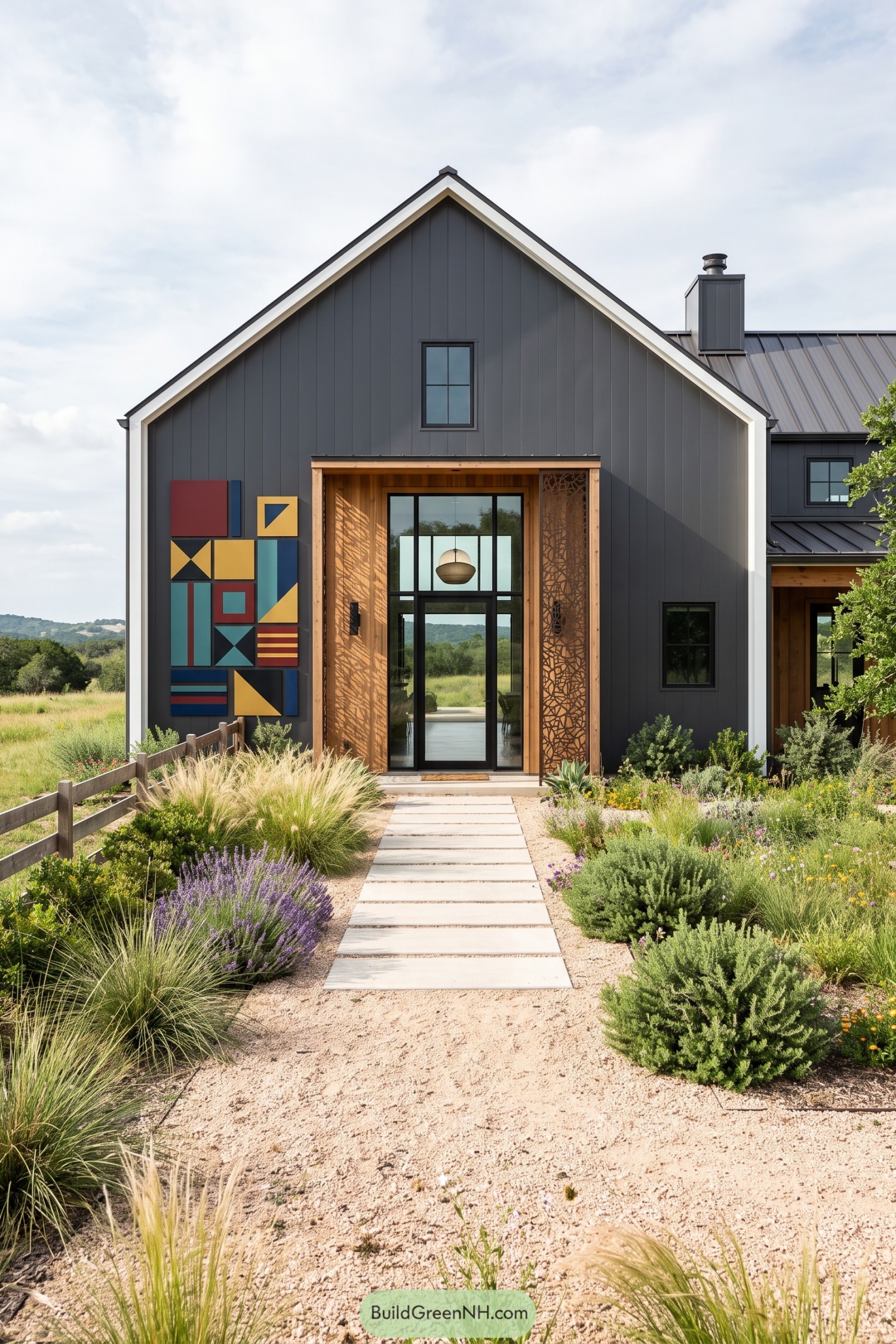Dark gabled barndominium with colorful geometric panels and a wood-framed entry