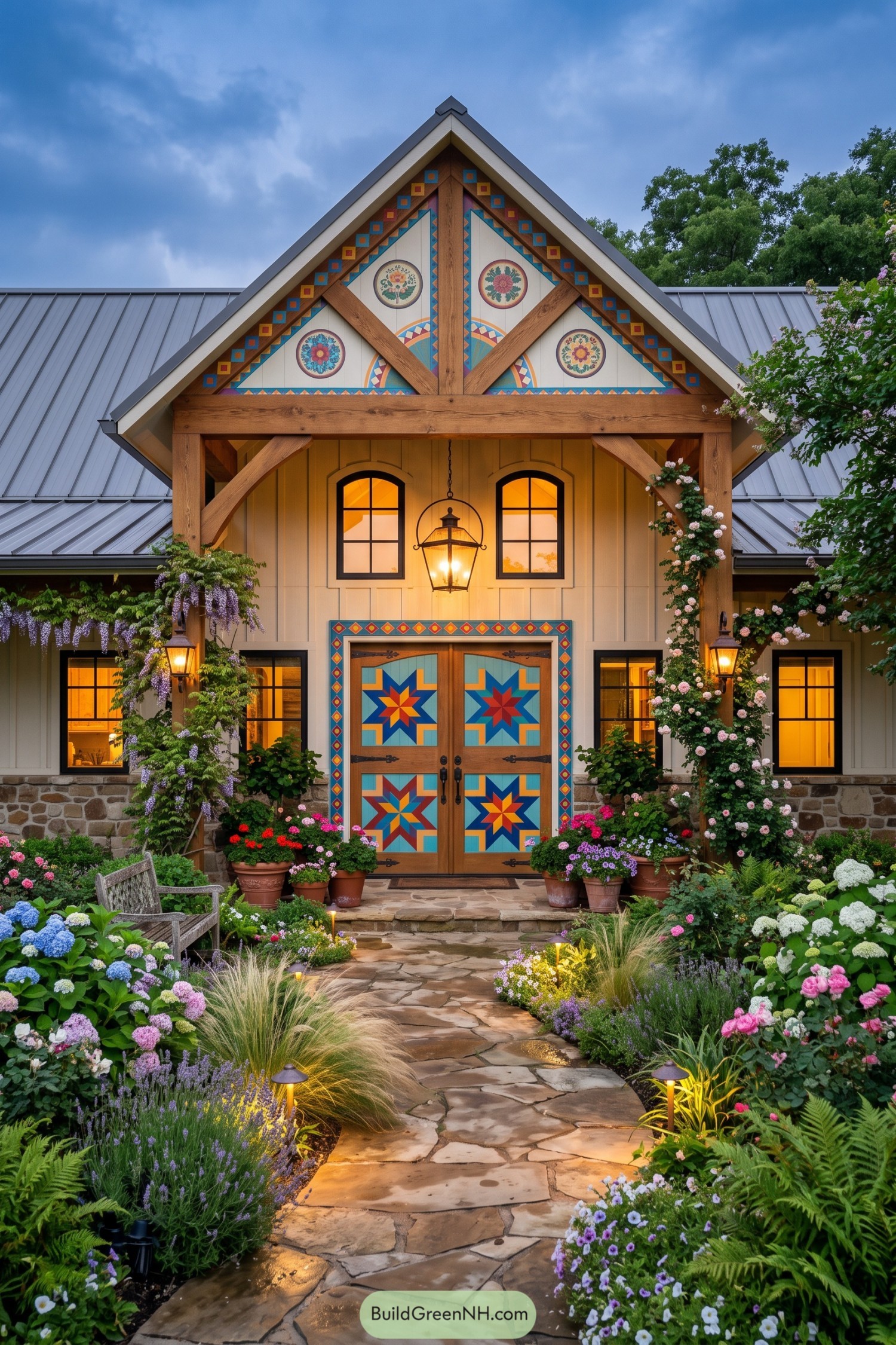 Colorful starburst doors and painted gable details frame a flower-filled entry
