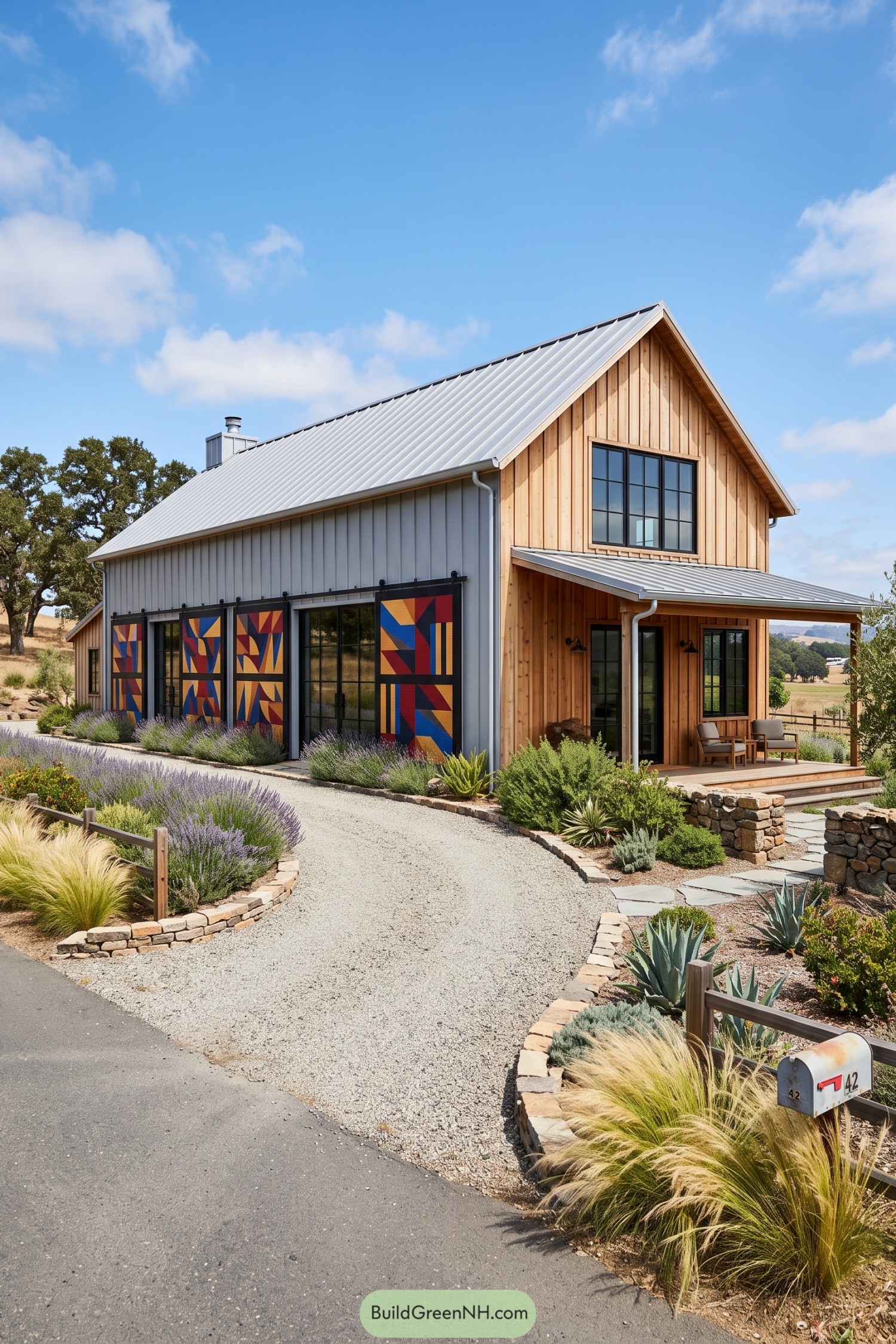 Gray metal barndominium with colorful geometric sliding doors and a timber porch