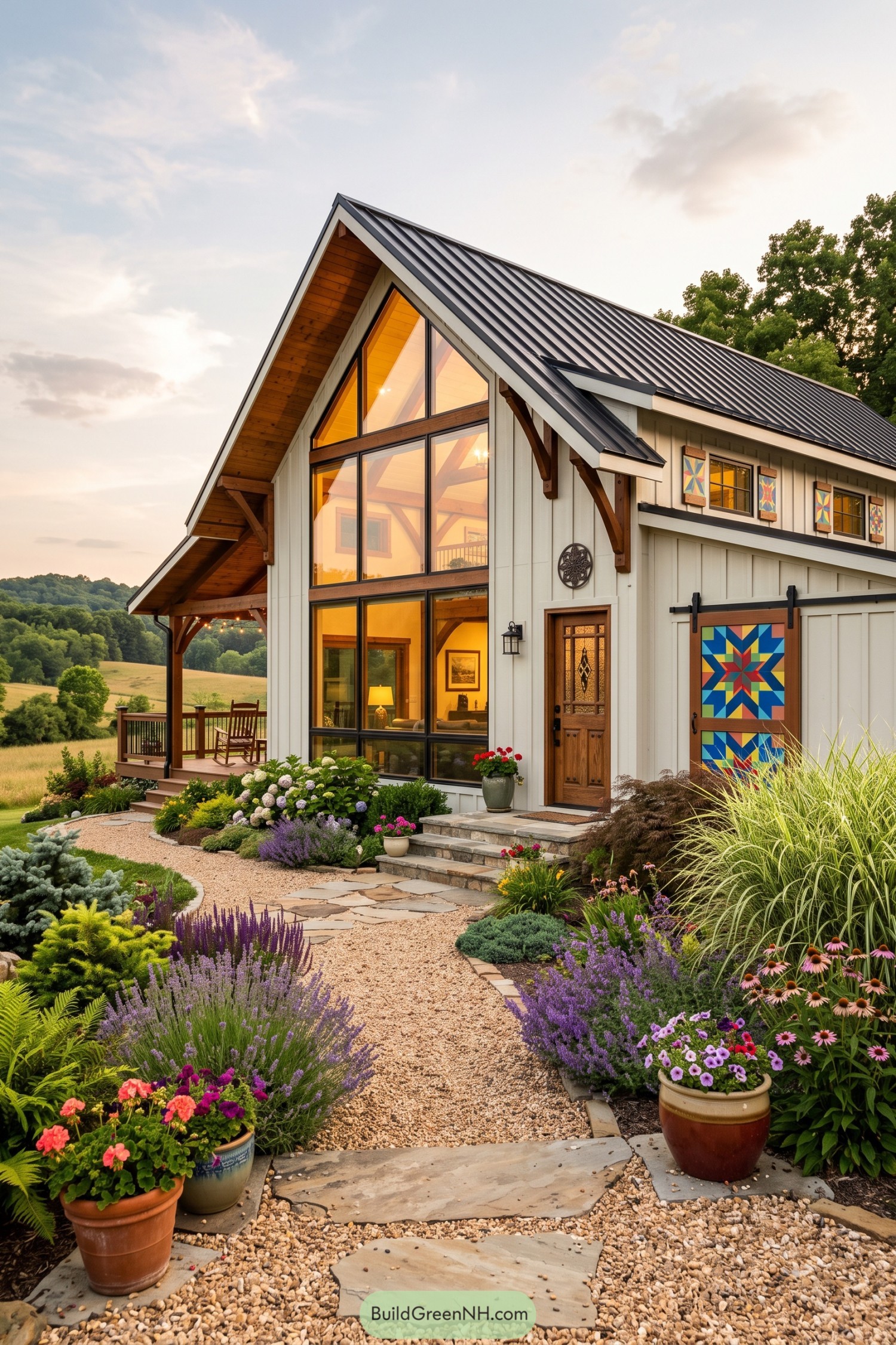 Modern gabled barndominium with colorful geometric barn doors and flower garden