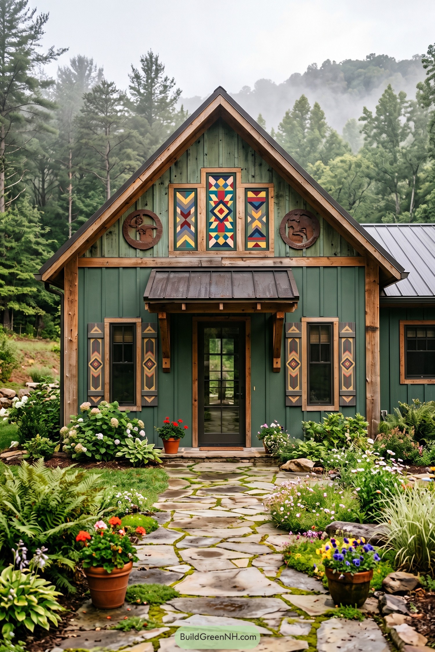 Green gabled barndominium with colorful geometric window panels and timber trim