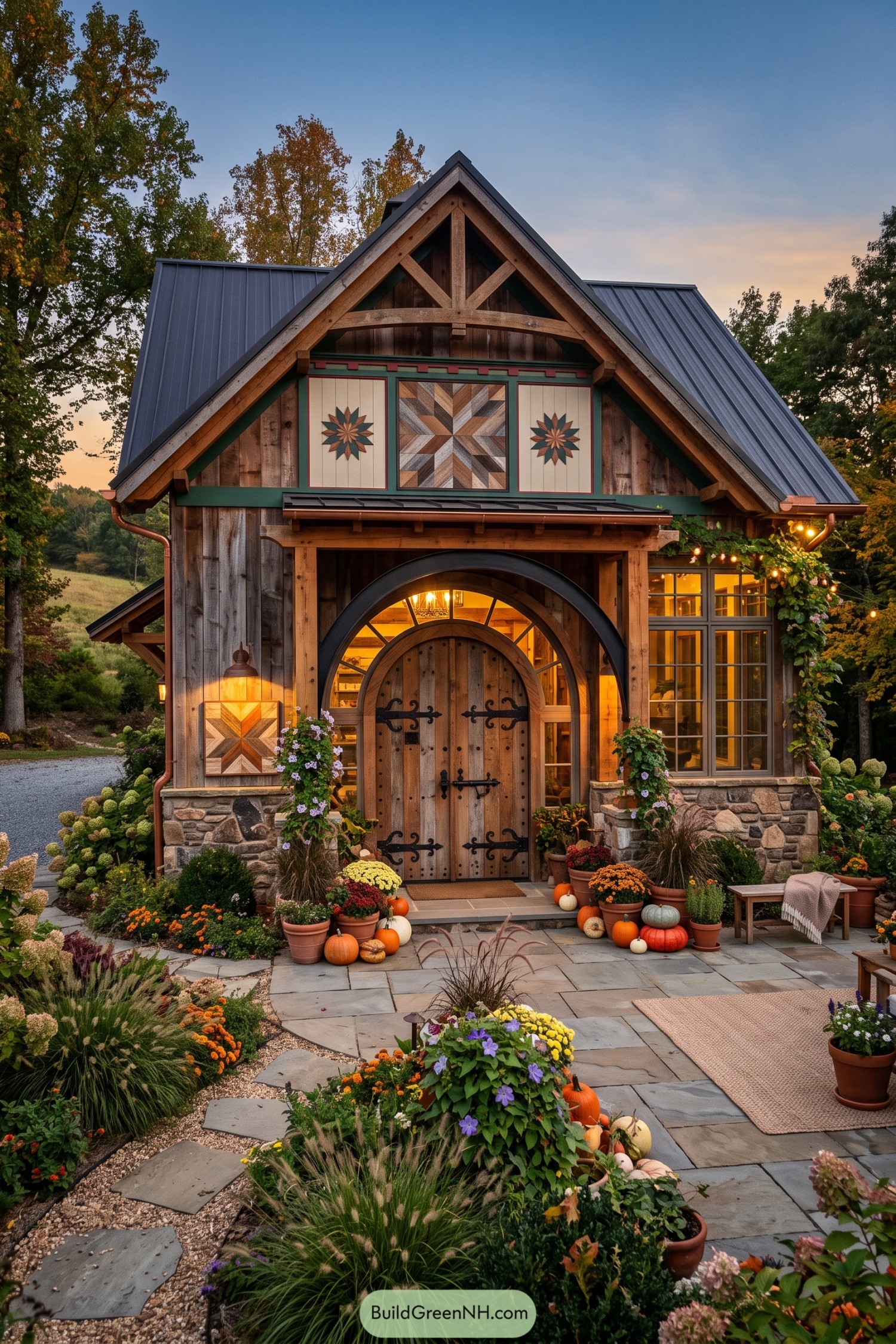 Timber barndominium with arched double doors and folk art panels