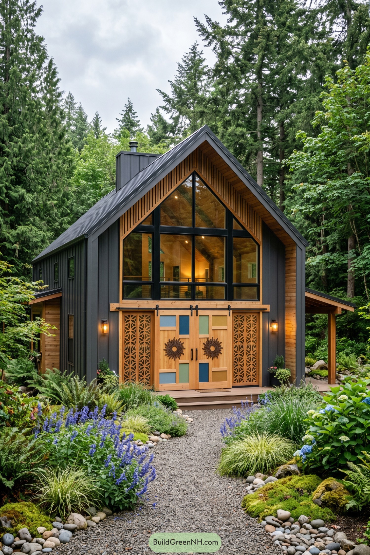 Dark gabled barndominium with colorful sunflower doors in a forest garden