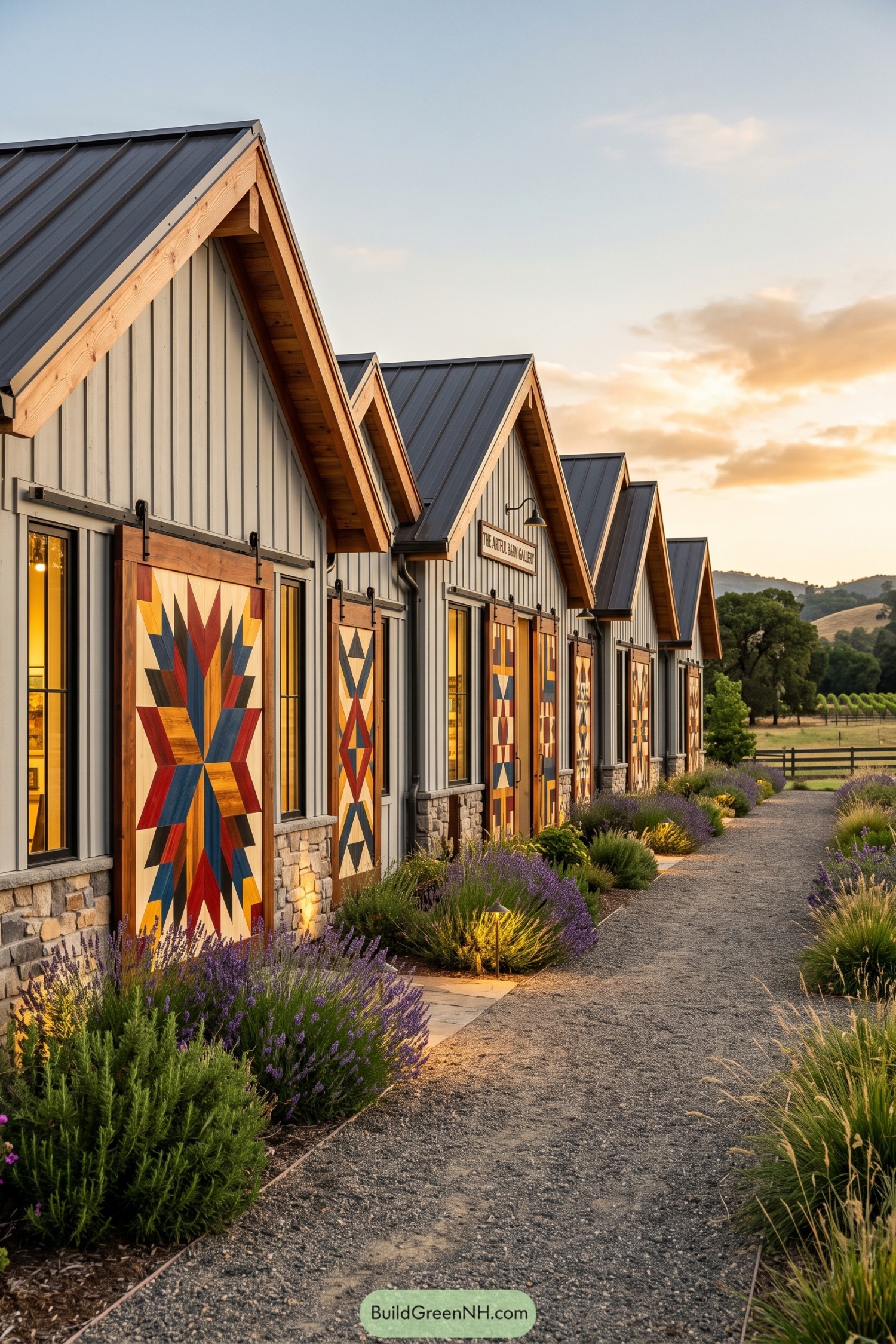 Gabled barndominium with colorful geometric barn doors