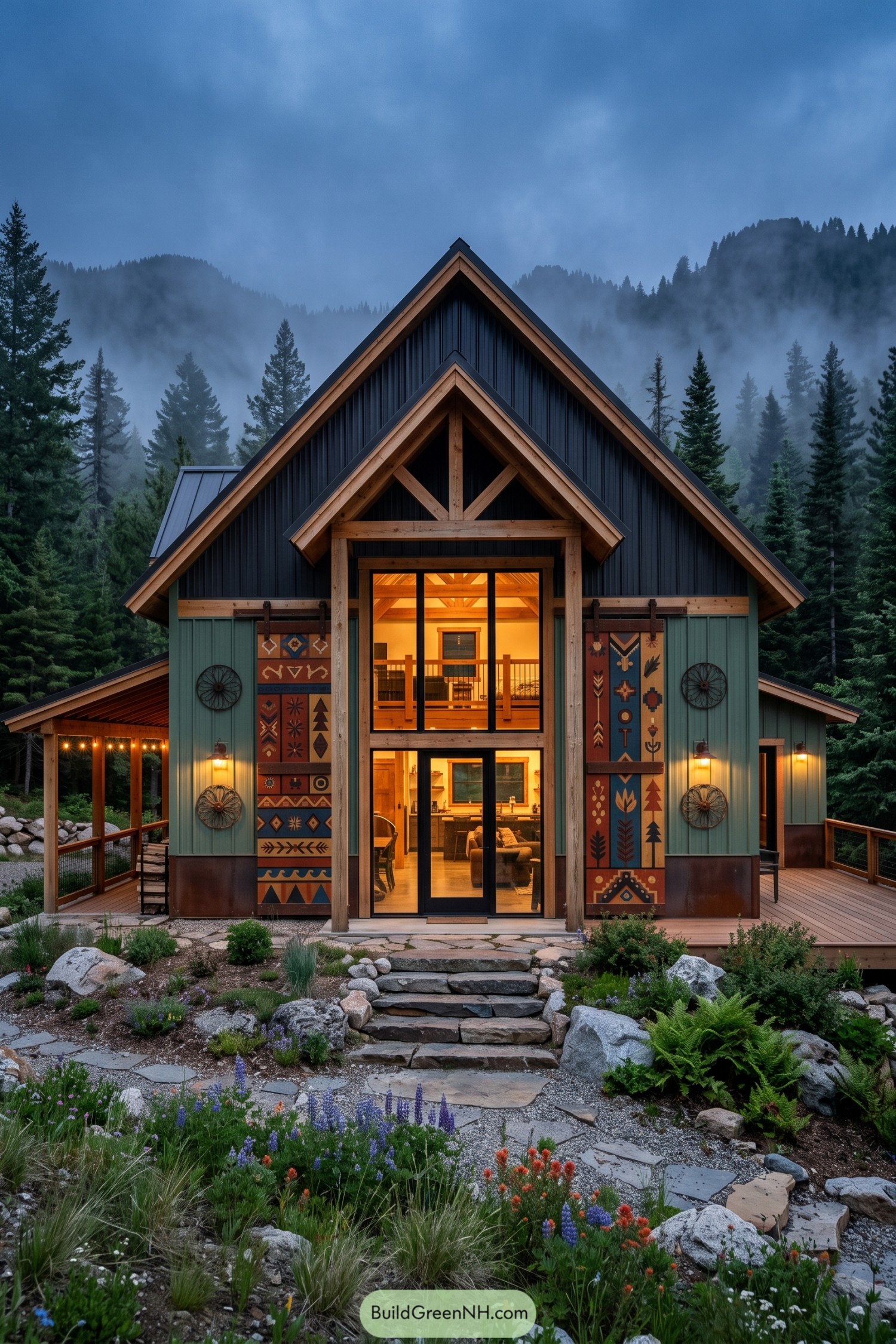 Forest barndominium with patterned entry panels and timber gables