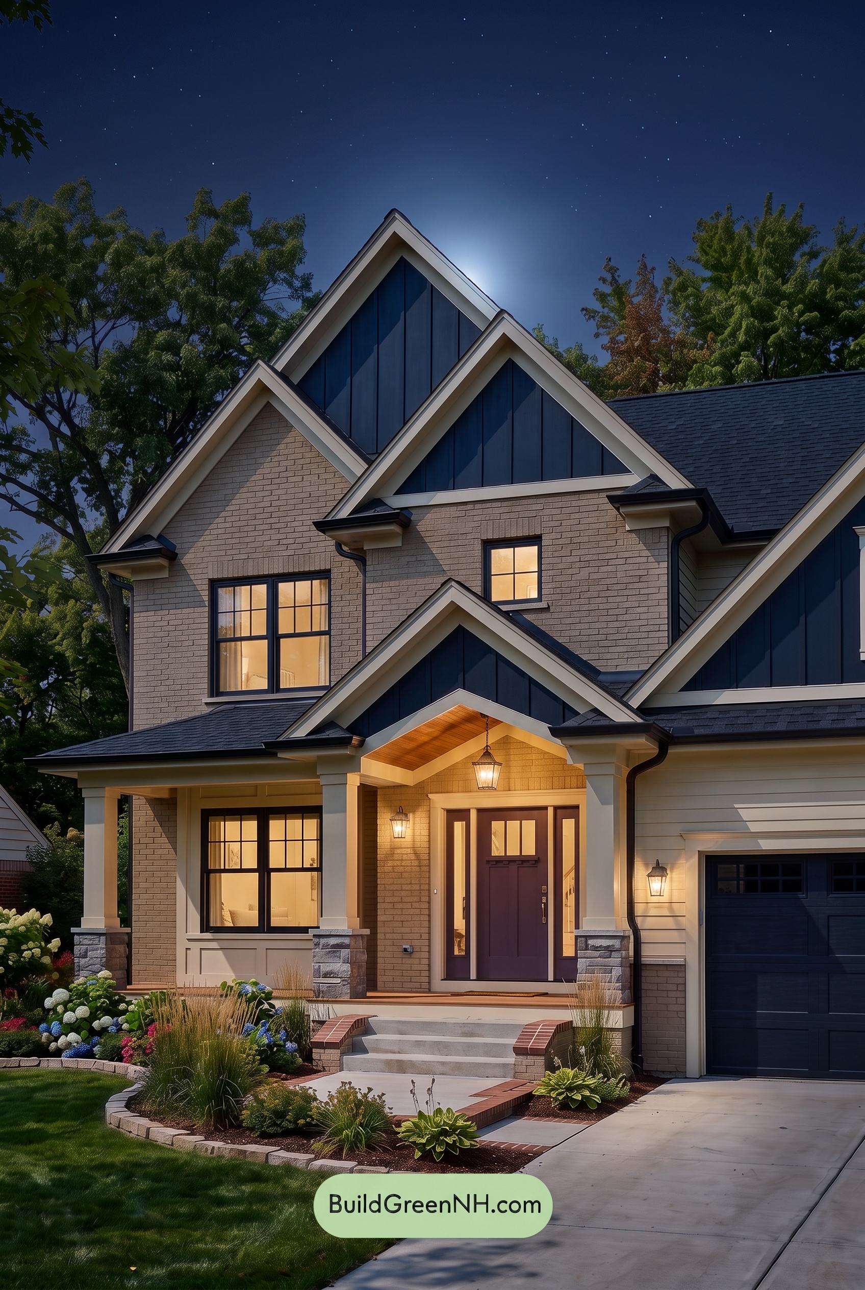 Beige Brick House Exterior Color Scheme: Buttercream Midnight Poise - Nighttime