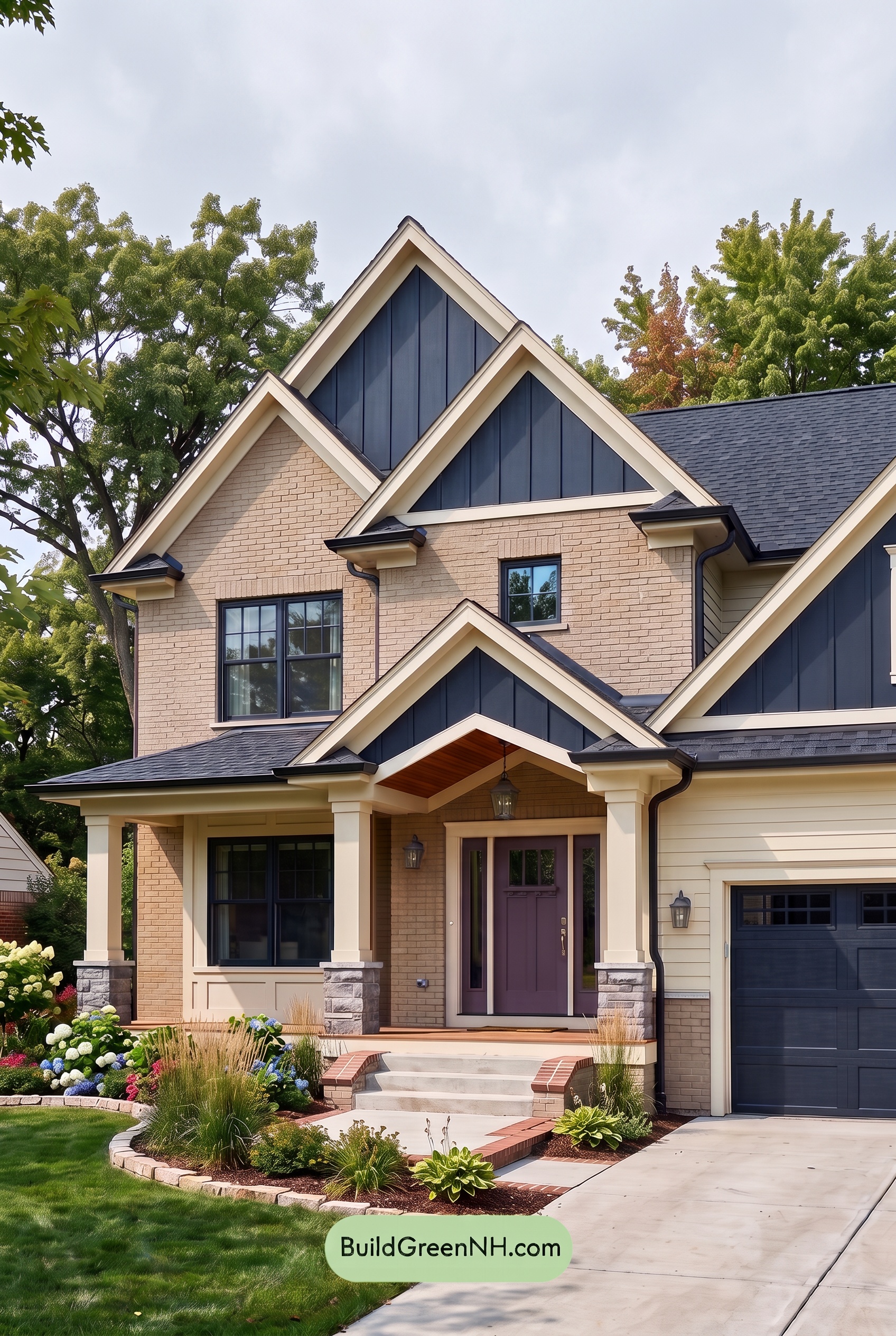 Beige Brick House Exterior Color Scheme: Buttercream Midnight Poise - Overcast