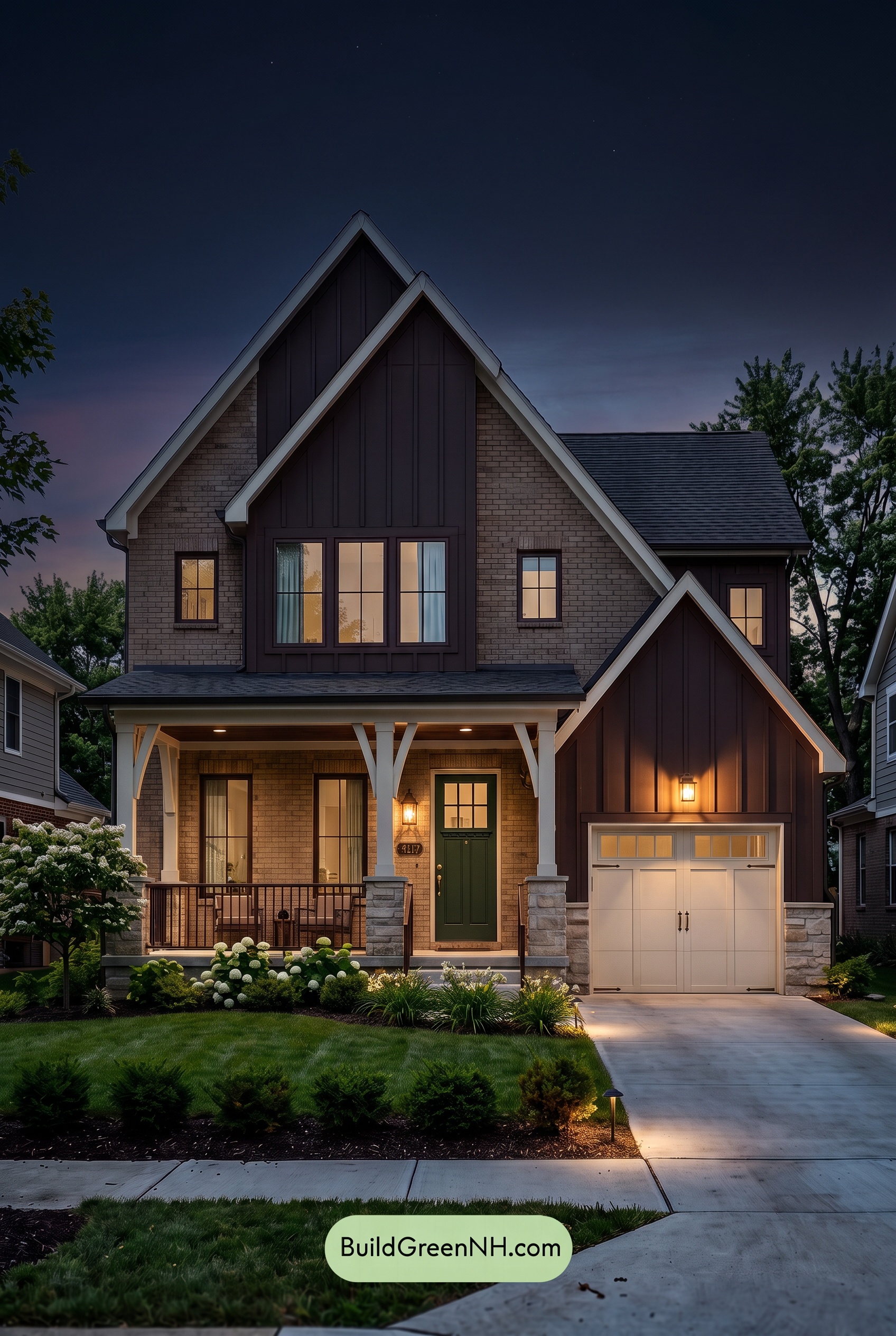 Beige Brick House Exterior Color Scheme: Chestnut Morning House - Nighttime