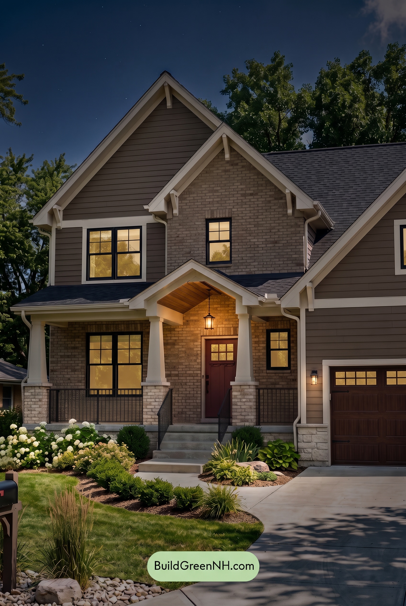 Beige Brick House Exterior Color Scheme: Cocoa Lantern Welcome - Nighttime