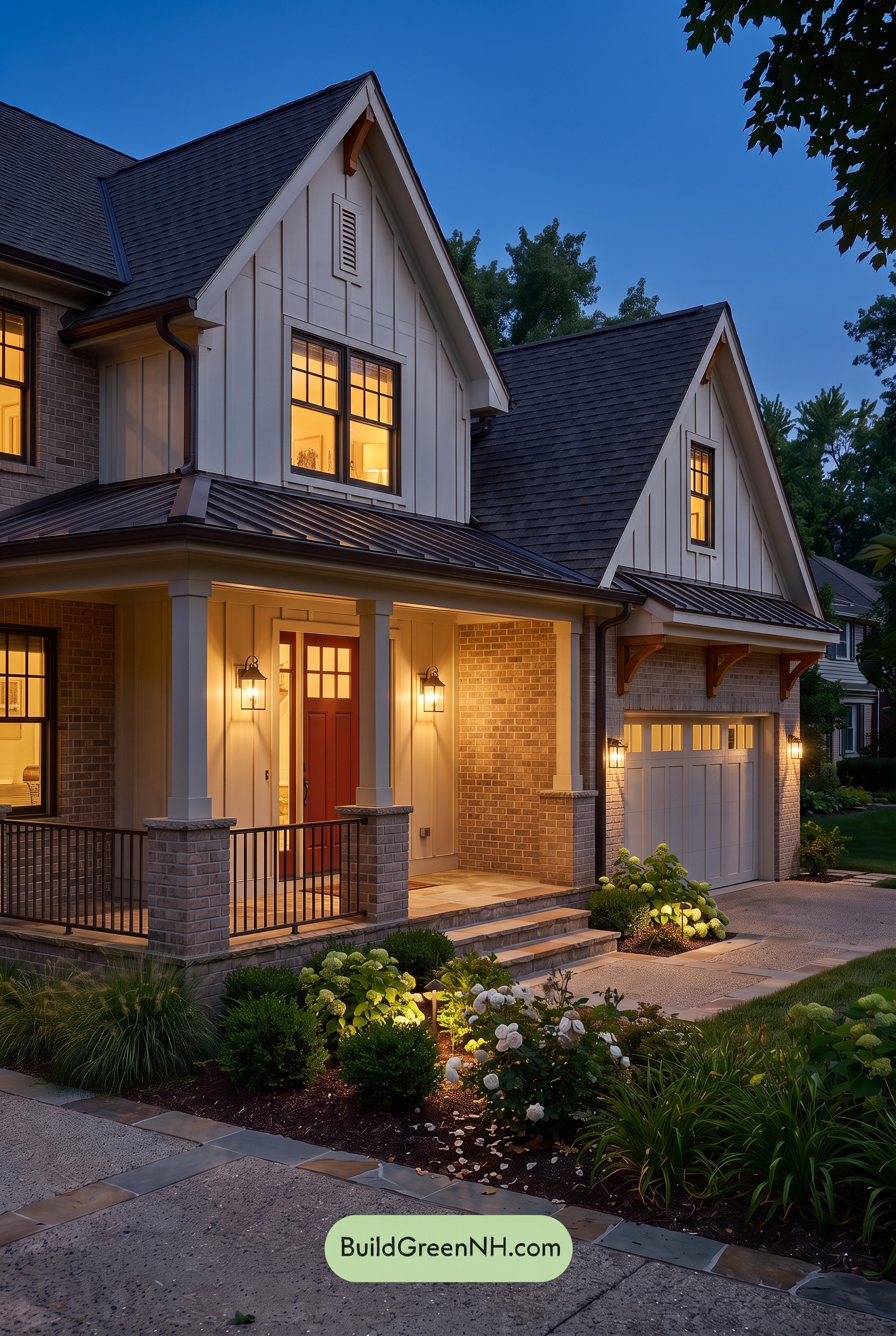Beige Brick House Exterior Color Scheme: Cream Ember Veranda - Nighttime