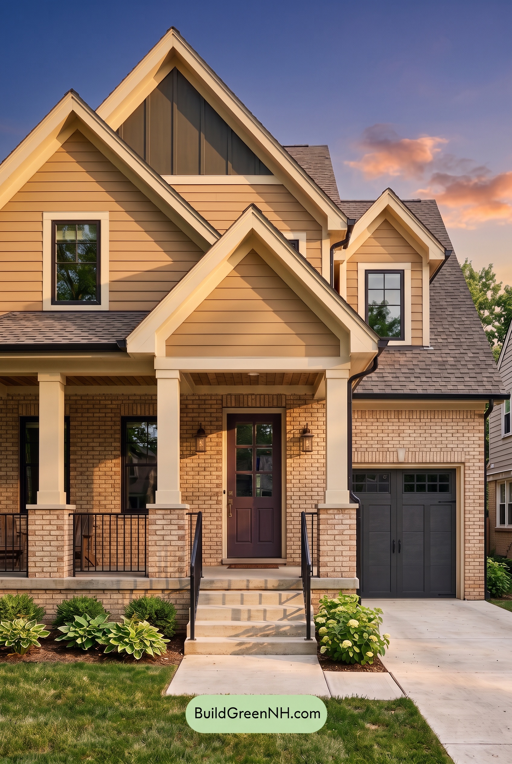 Beige Brick House Exterior Color Scheme: Golden Iron Reverie - Golden Hour