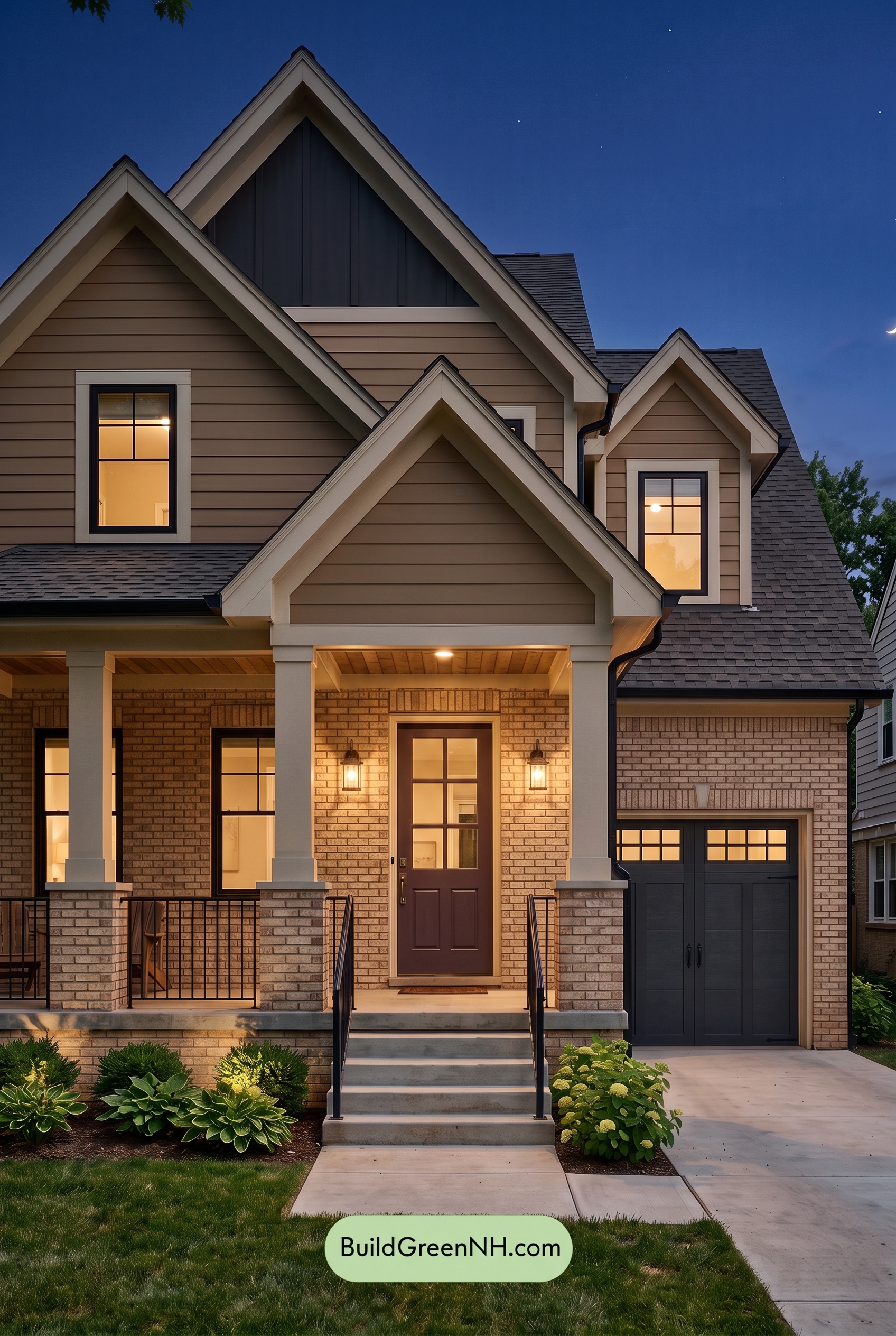 Beige Brick House Exterior Color Scheme: Golden Iron Reverie - Nighttime