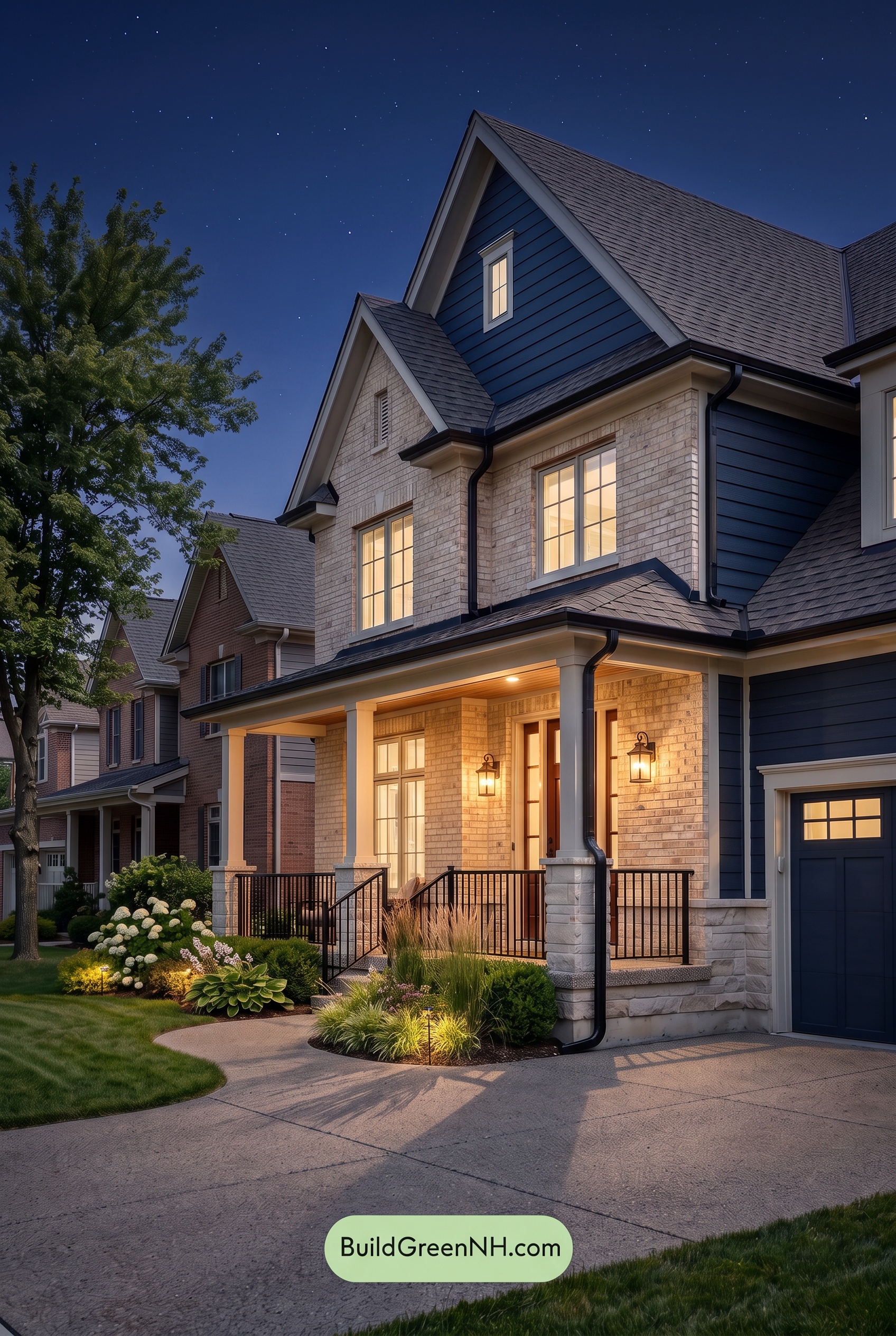 Beige Brick House Exterior Color Scheme: Harbor Linen Gables - Nighttime
