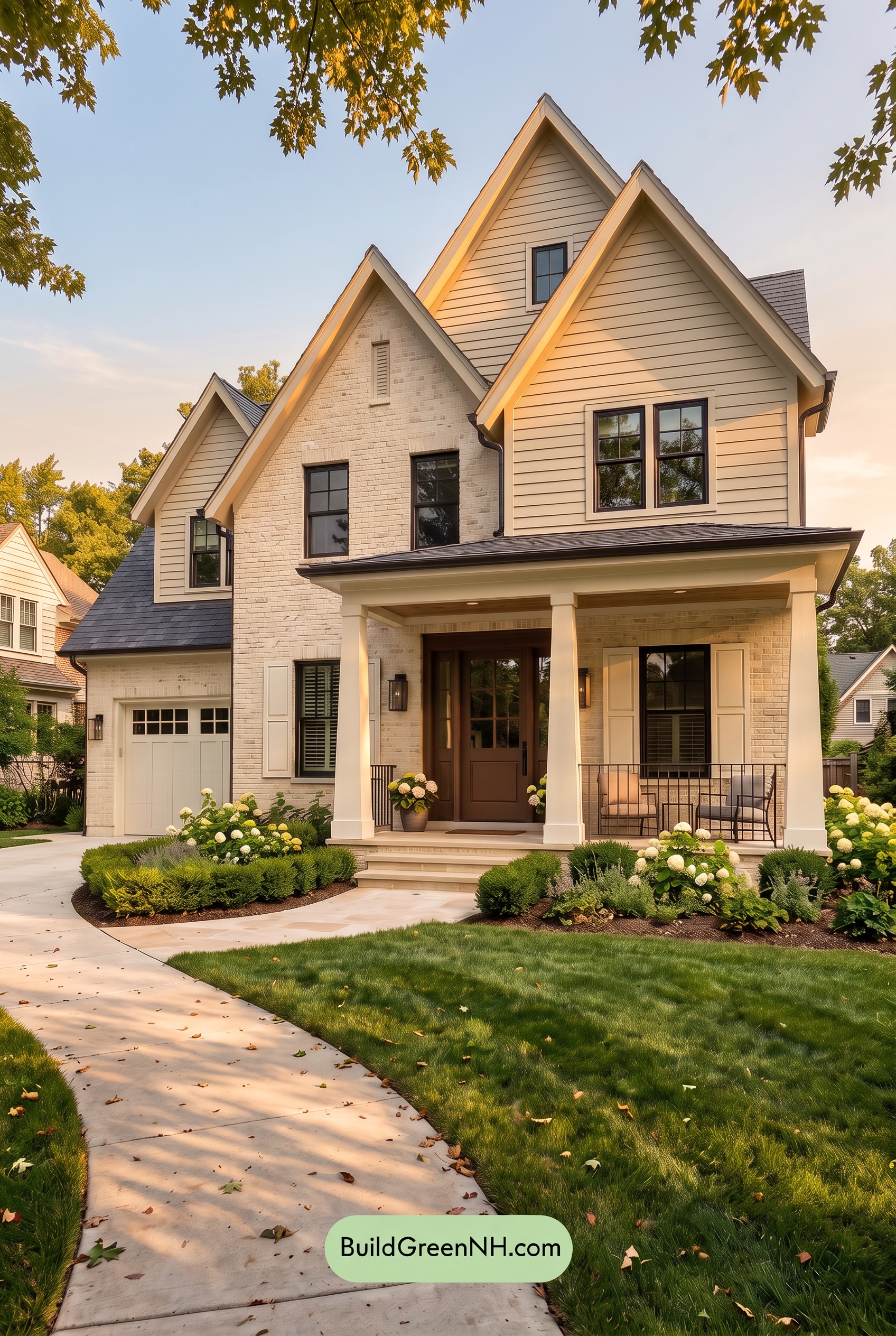 Beige Brick House Exterior Color Scheme: Ivory Slate Porch - Golden Hour