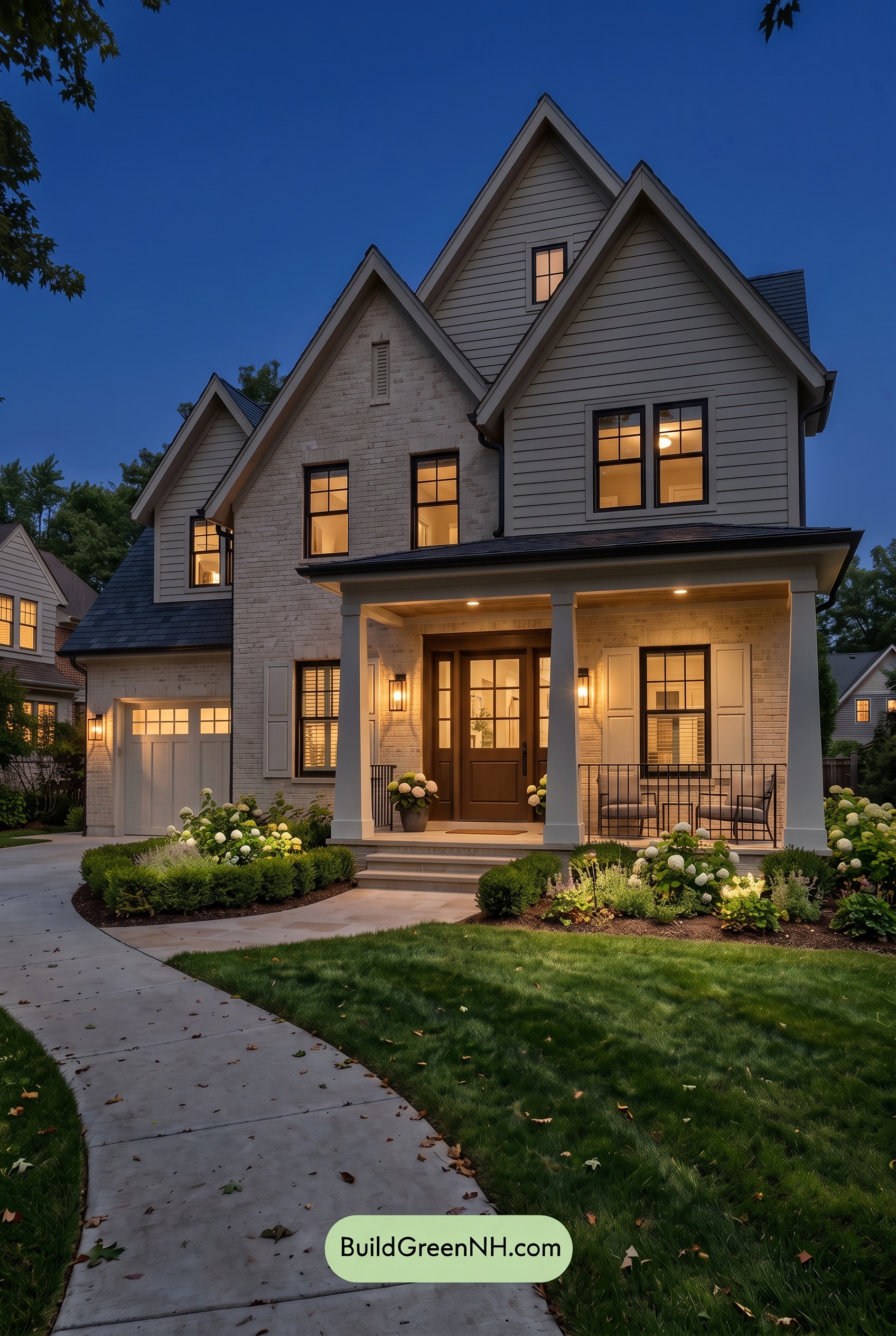 Beige Brick House Exterior Color Scheme: Ivory Slate Porch - Nighttime