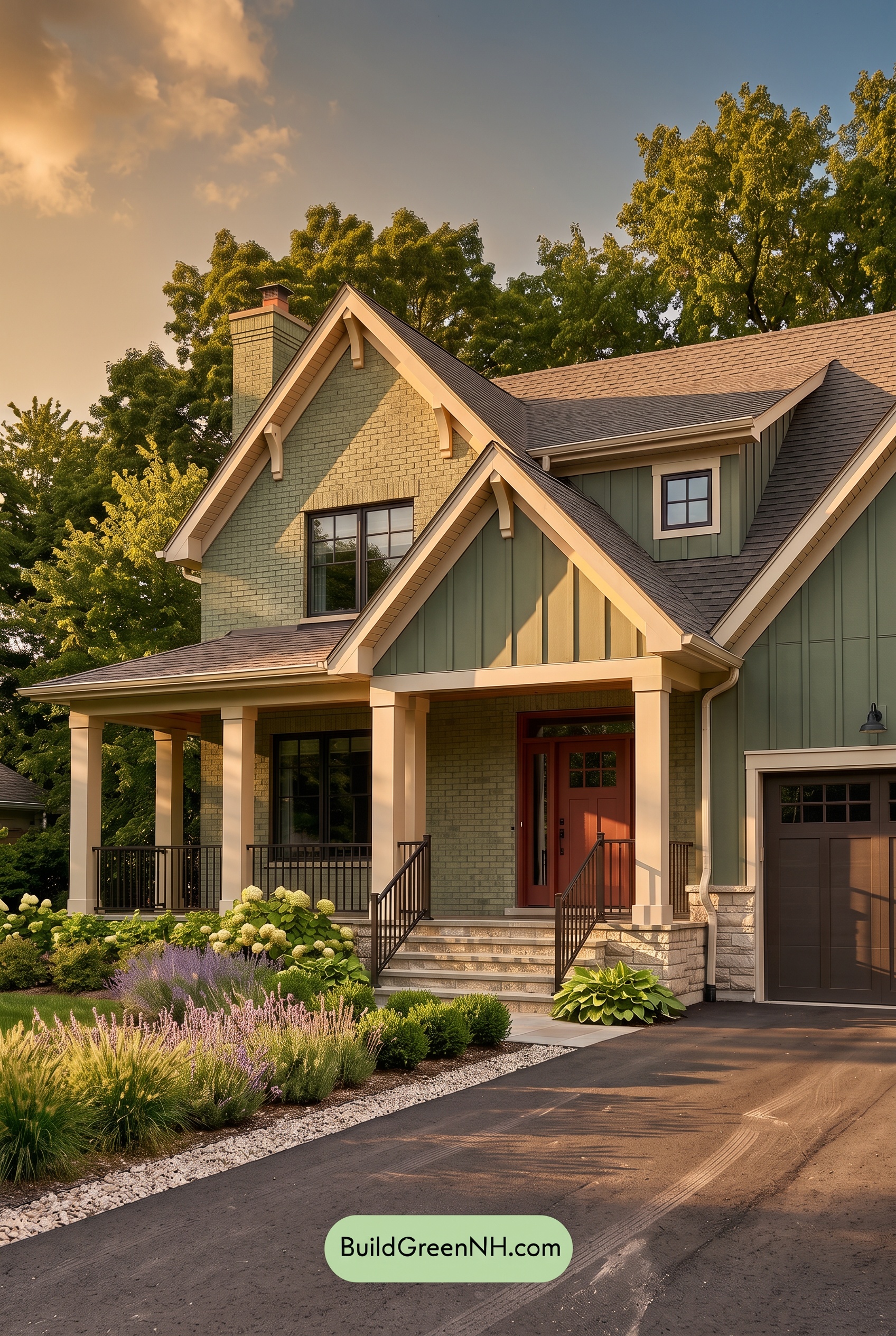 Beige Brick House Exterior Color Scheme: Juniper Porch Glow - Golden Hour