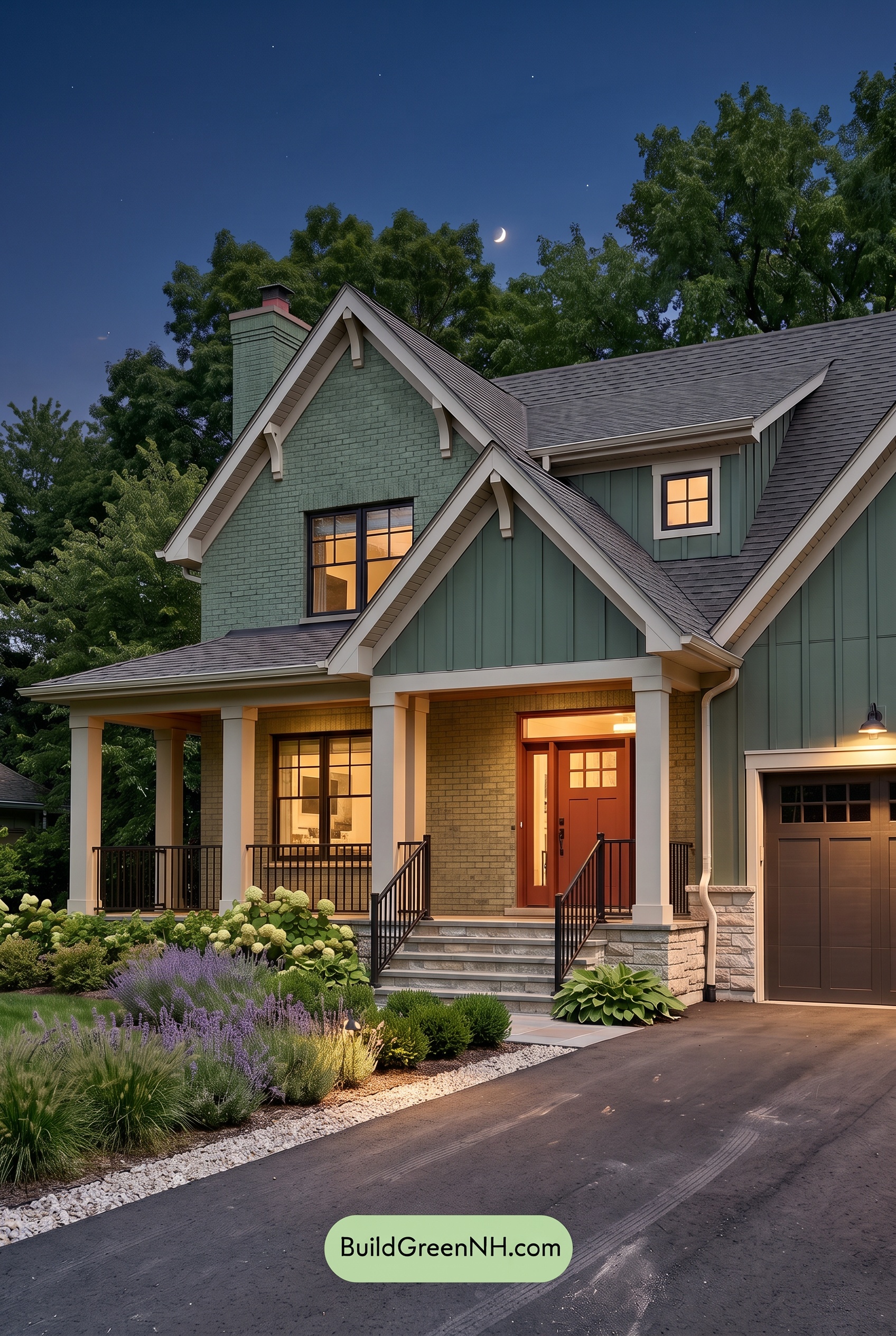 Beige Brick House Exterior Color Scheme: Juniper Porch Glow - Nighttime