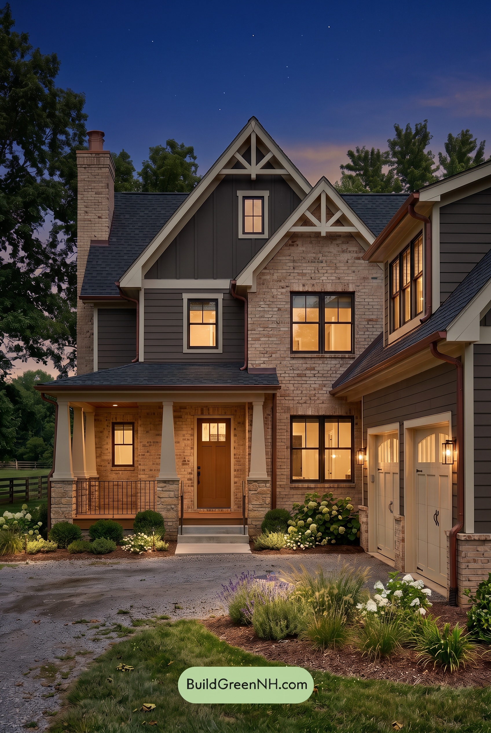 Beige Brick House Exterior Color Scheme: Mocha Fieldlight - Nighttime