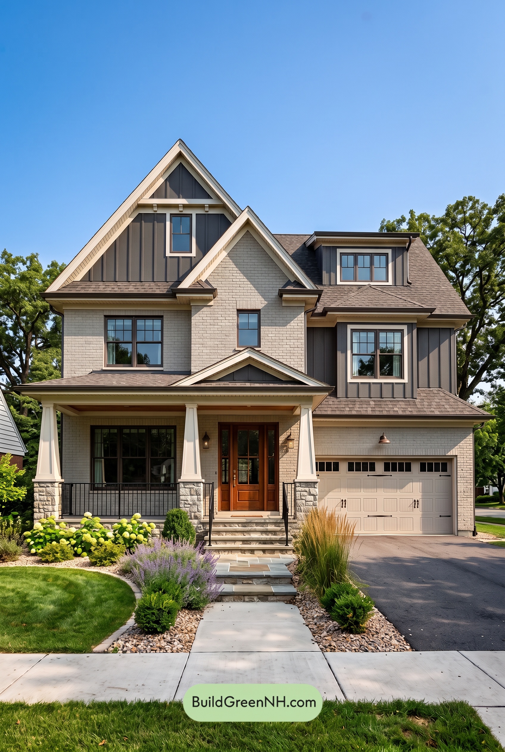 Beige Brick House Exterior Color Scheme: Mushroom Copper Gable