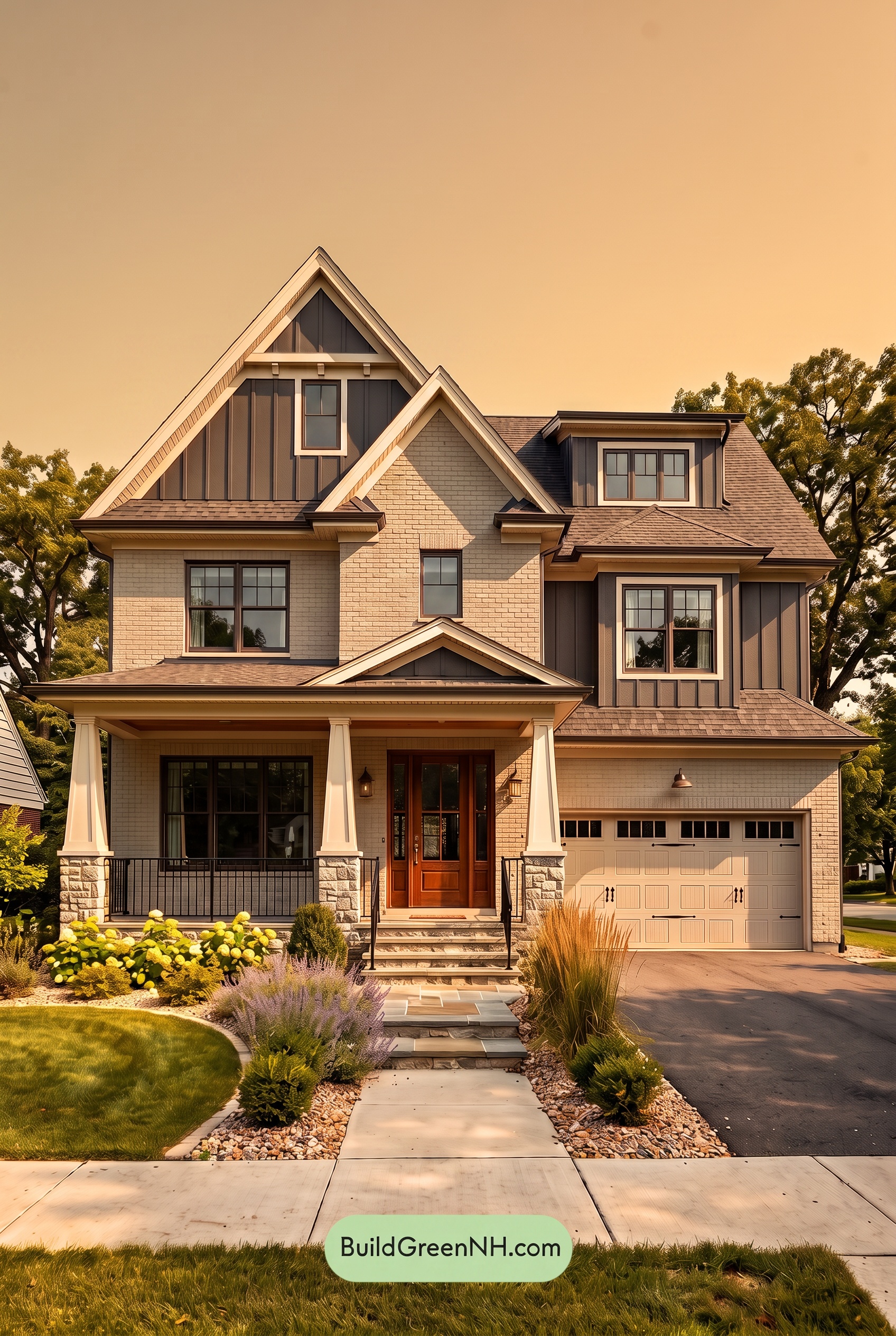 Beige Brick House Exterior Color Scheme: Mushroom Copper Gable - Golden Hour
