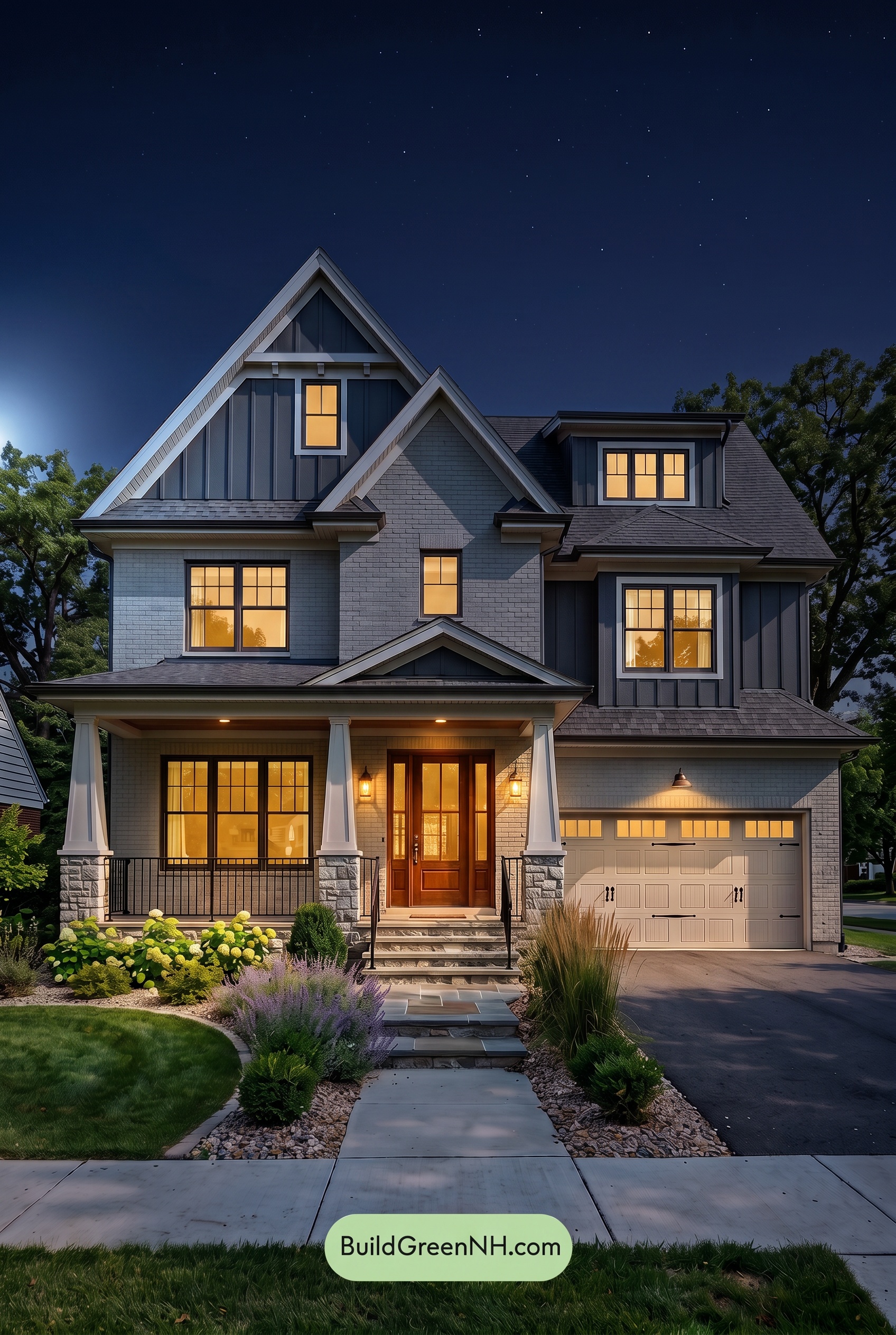 Beige Brick House Exterior Color Scheme: Mushroom Copper Gable - Nighttime